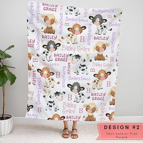 Miniatura 6 de Hapaku Mantas de bebé personalizadas para niños y niñas, forro polar MinkySherpa, 30 x 40, 50 x 60, 60 x 80 pulgadas, estampado de animales de vaca,