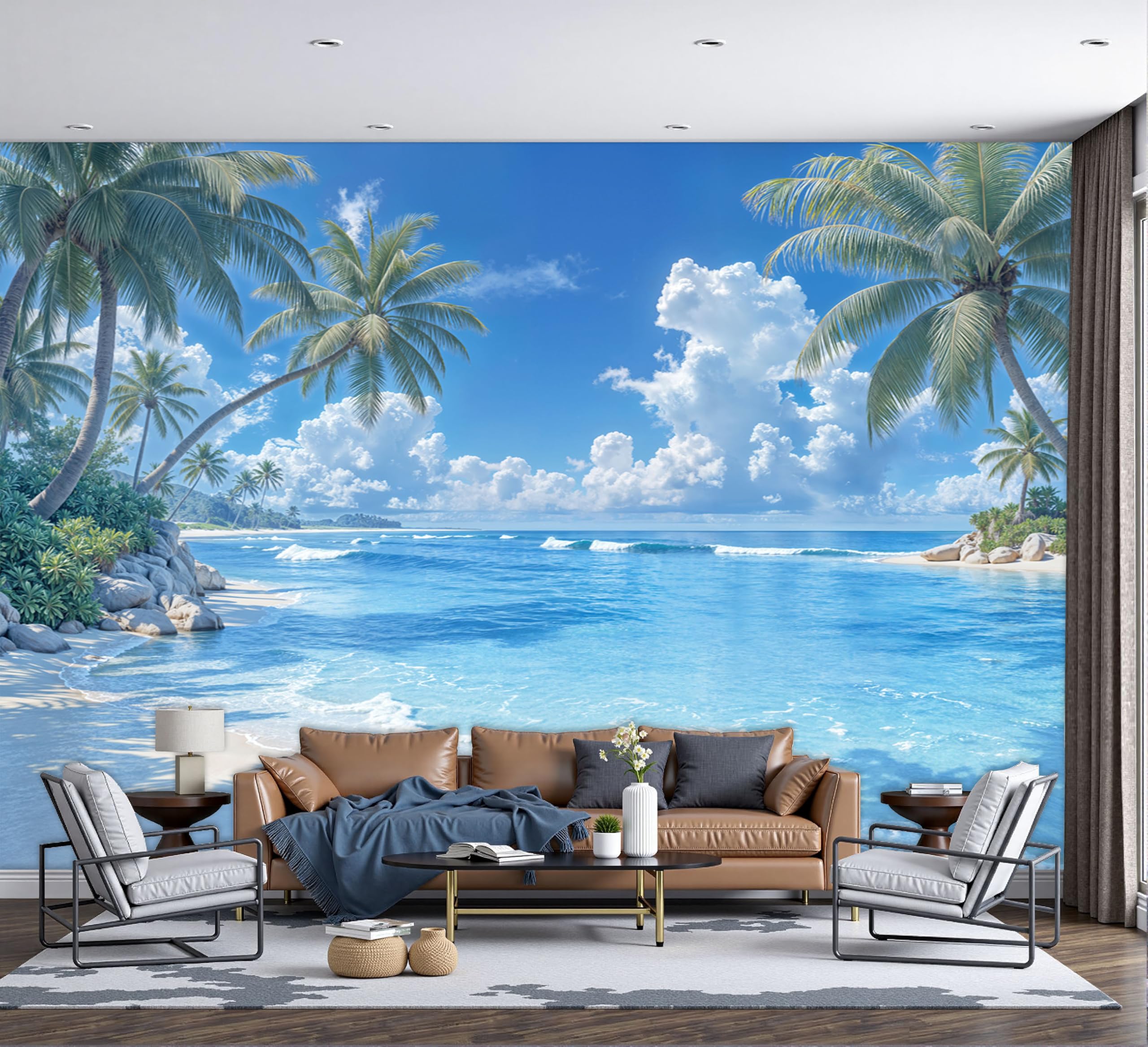 Papier peint panoramique mer bleue et plage de sable blanc en soie 400x280 cm
