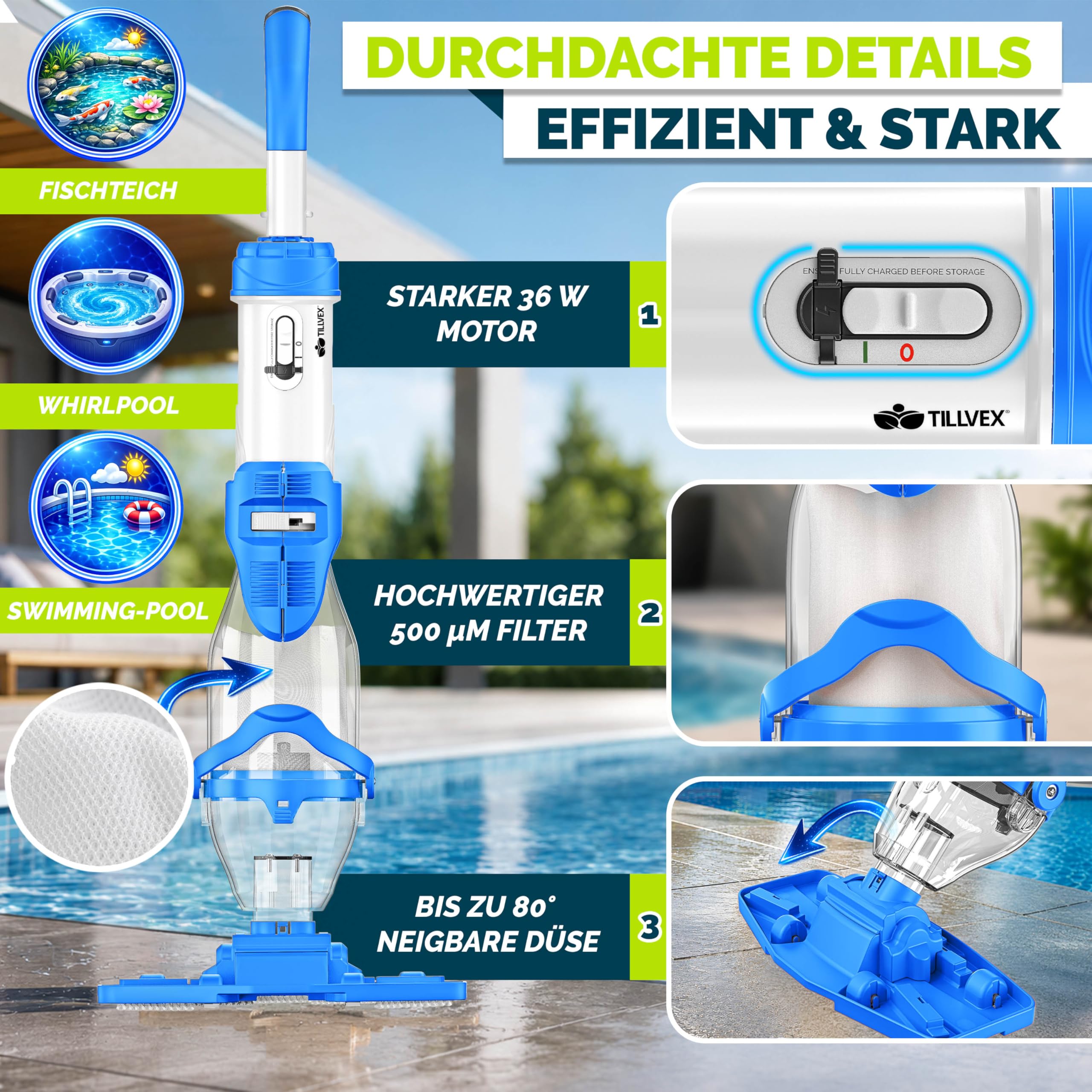 tillvex Poolsauger mit Akku & Teleskopstange + Ersatzfilter bis zu 15 m³ | Pool Bodensauger elektrisch | Poolreiniger mit Filter & 60 min Laufzeit | Handsauger Reinigungsset kabellos (Blau/Weiß)