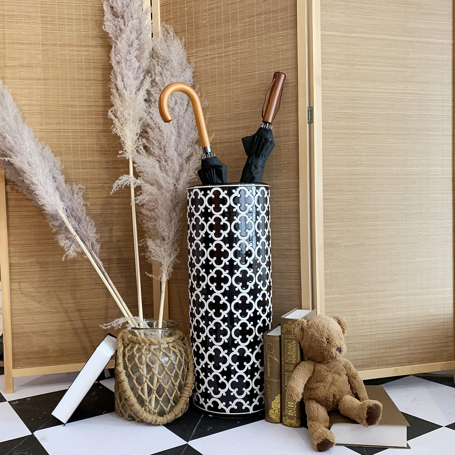 Porcelain Ceramic Umbrella Stand Holder Modern Style Floor Vase for Storage Canes Walking Sticks Golf Umbrella Mono-pods Tripod Bat Golf Club Gift Entryway Indoor 24" High Black&White - Image 5
