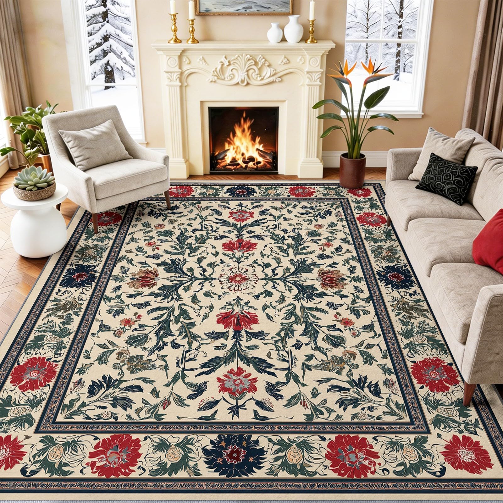Teppich 90 x 150 cm rutschfest Waschbar Teppiche Elegant Symmetrisch Floral Teppich für Dekoration Schlafzimmer Kinderzimmer Wohnzimmer Kurzflor Mehrfarbig