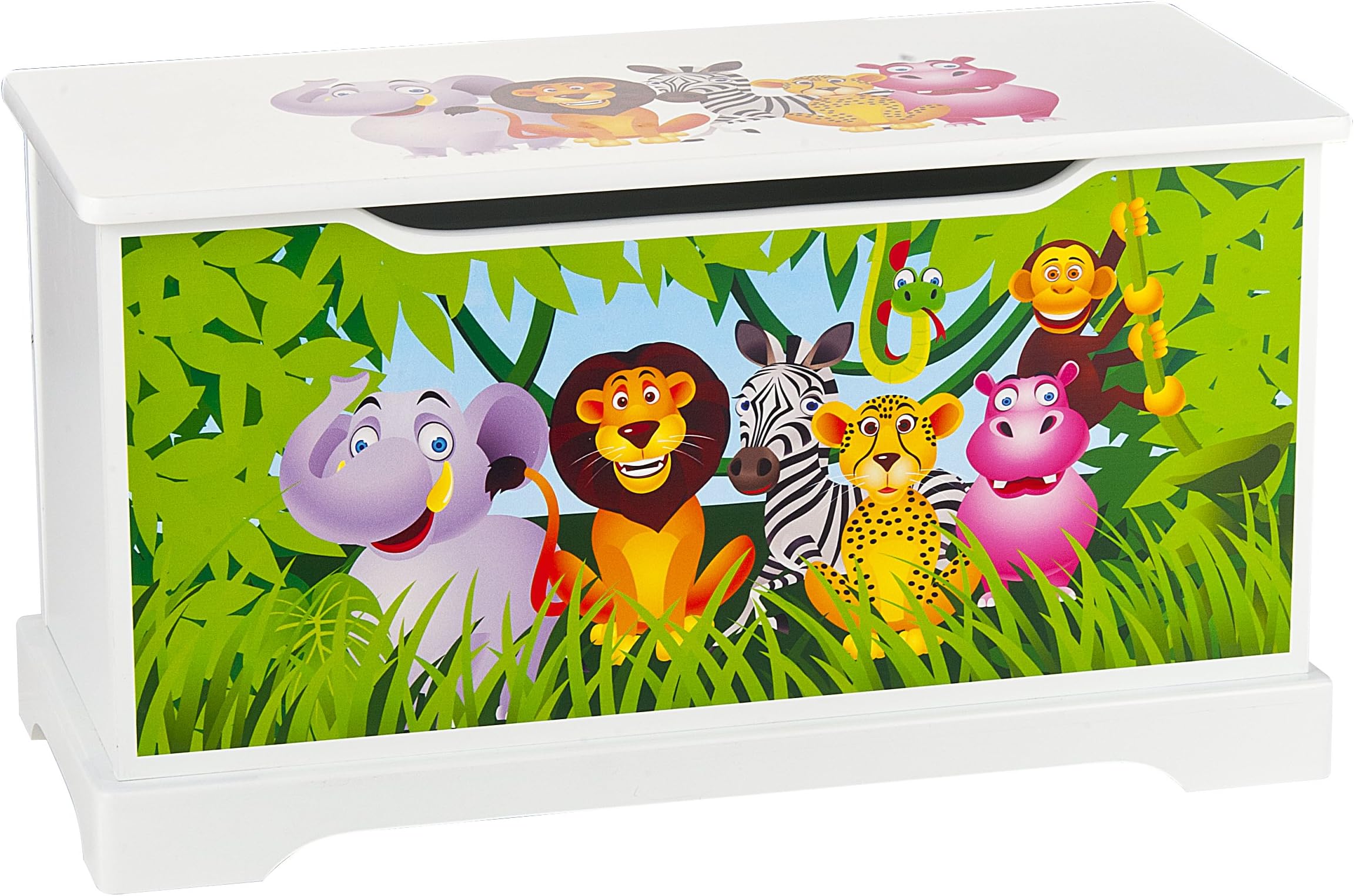 Leomark White Wooden Storage Box with Bench Seat for Children Room, Jungle Animals' UV Print, Toy Chest