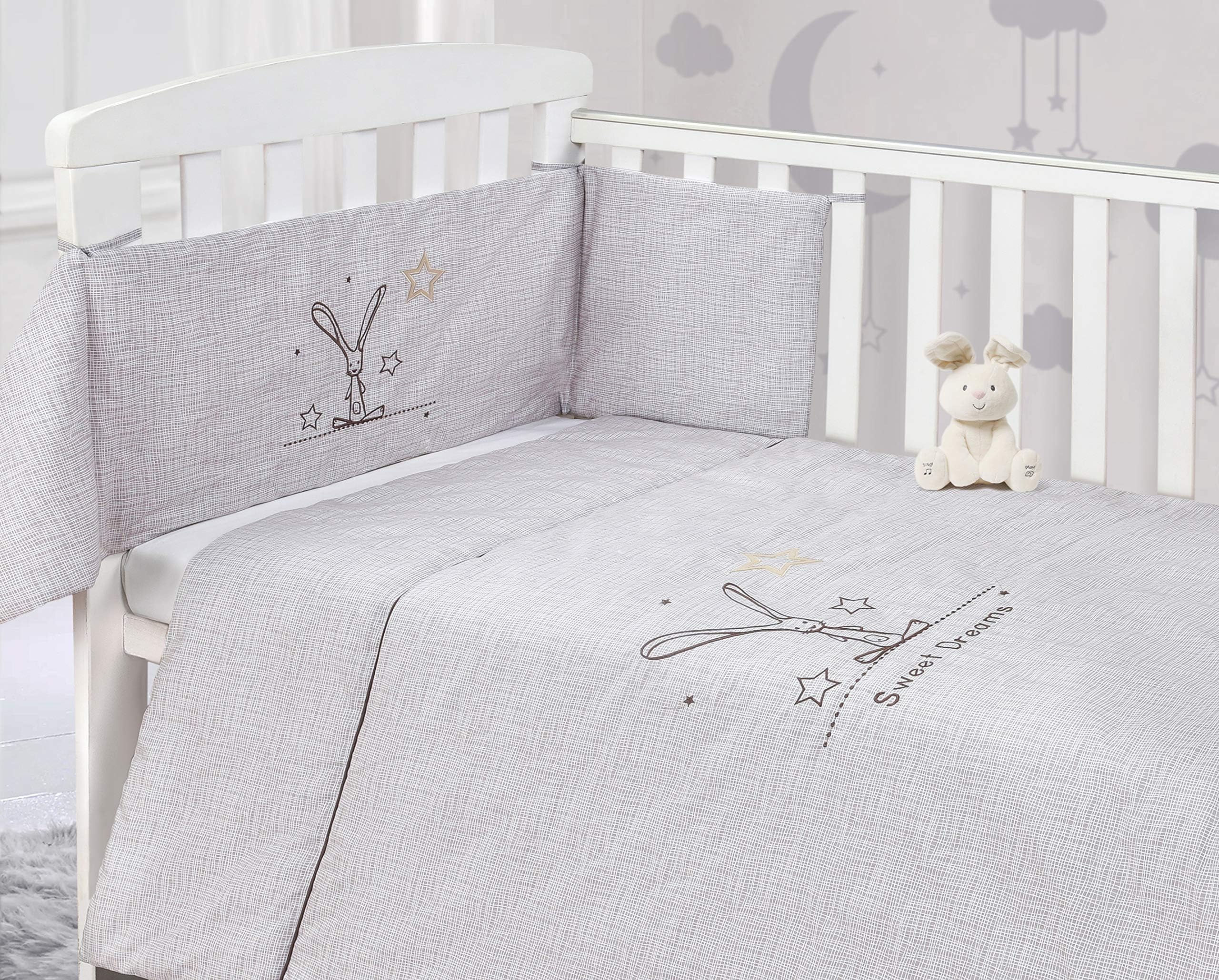 My Little World Nursery Sweet Dreams Bunny Rabbit Natural Baby Bale Bedding Set Printed Reversible Cot Quilt and Bumper Set - 100% Cotton Baby Cot Bed Set