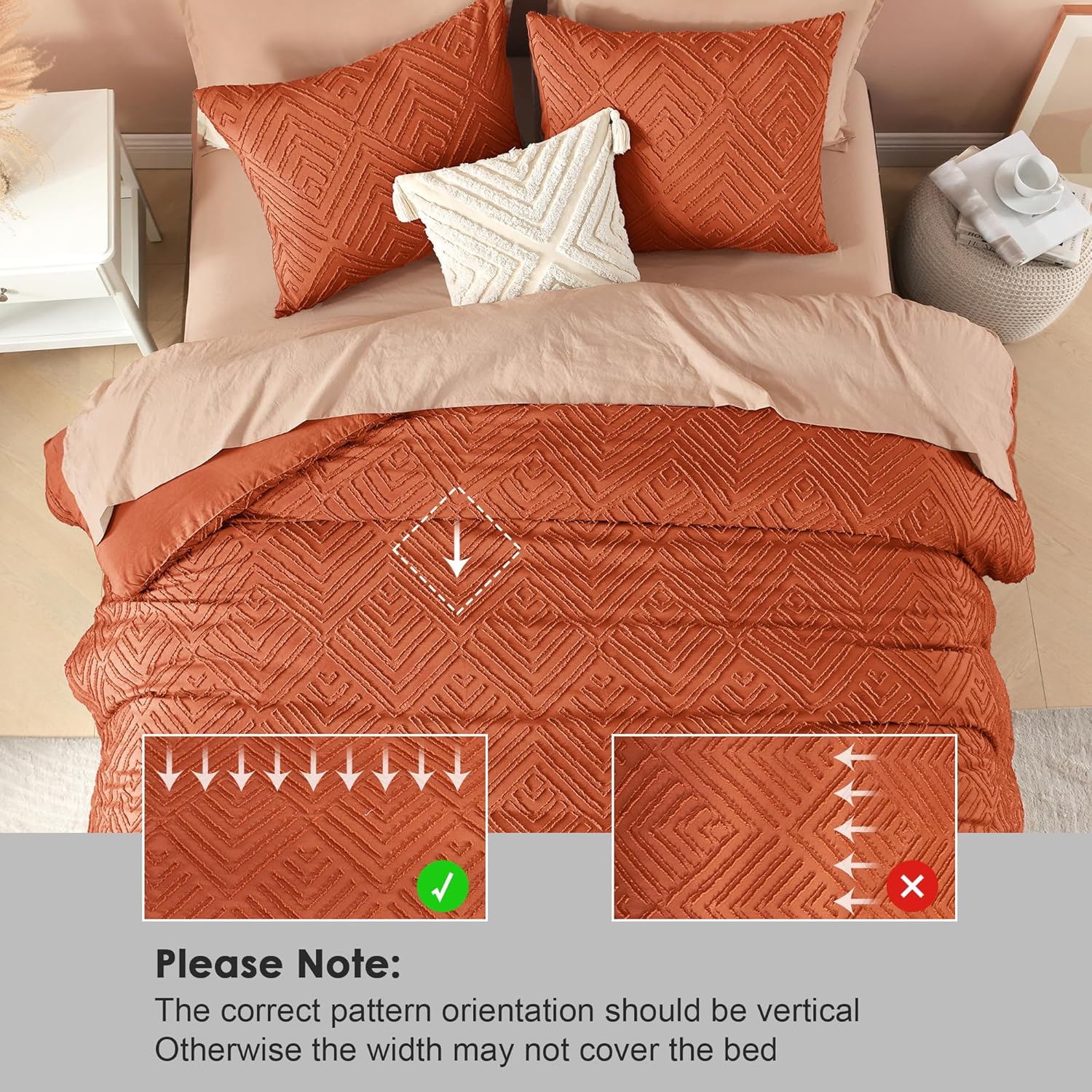 Litanika Burnt Orange King Size Comforter Set,3 Pieces Terracotta Tufted Boho Farmhouse Bedding Comforter Sets,Lightweight Fluffy Comforter Bed Set for All Season (104x90In Comforter & 2 Pillowcases) - Image 4
