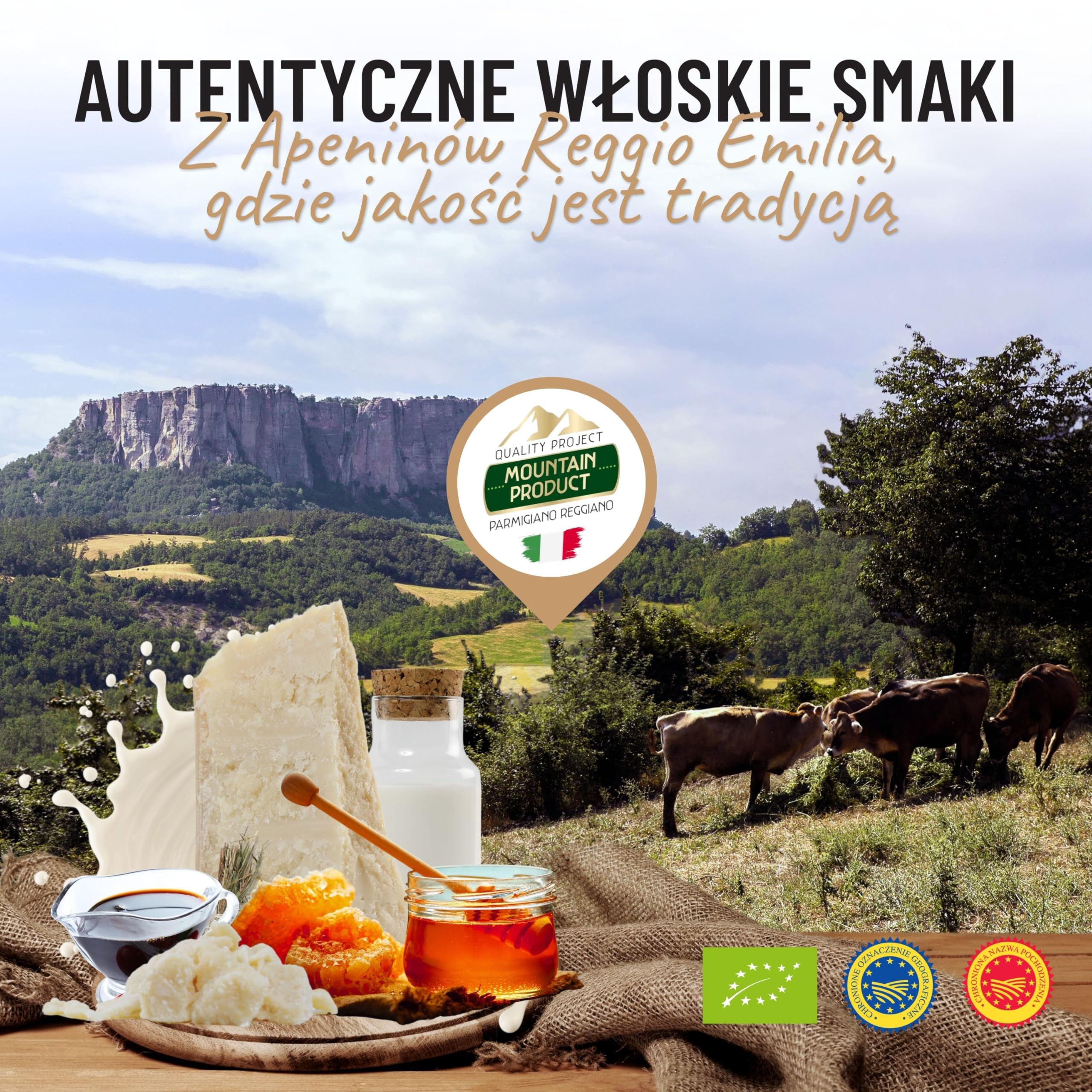 GUSTOEMILIA Kosz Upominkowy Gourmet: Ser Parmigiano Reggiano dojrzewający, Miód (3 x 250 g) oraz Dojrzały Ocet Balsamiczny - Włoski Kosz Prezentowy na Wszystkie Okazje