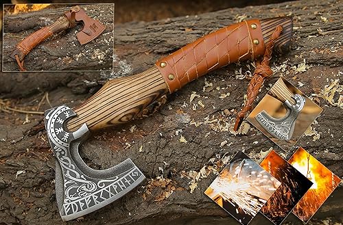 Miniatura 7 de Hachas vikingas de 13 pulgadas con mango de madera de fresno y hachas con envoltura de cuero, hacha de división de madera, hacha de campamento,