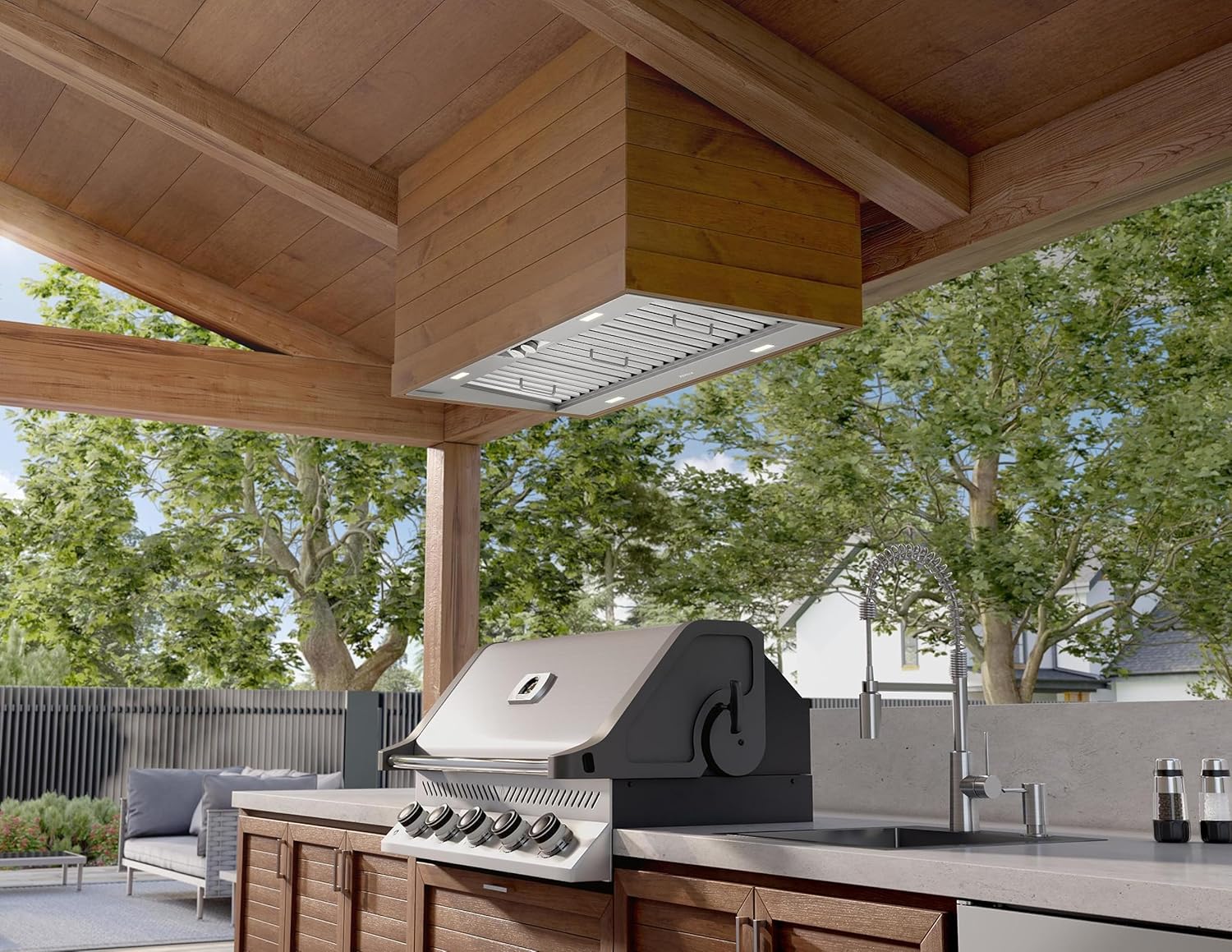 Zephyr AK9846B range hood installed in an outdoor kitchen setting