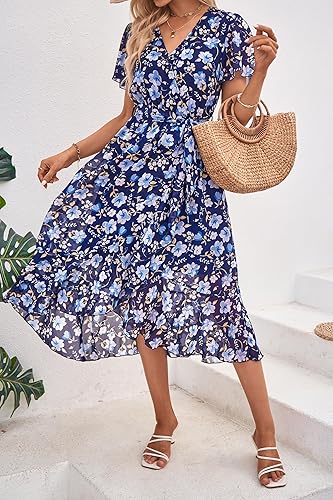 Vista 7 de PRETTYGARDEN - Vestido floral para mujer estilo bohemio, cruzado, con cuello en V, manga corta, con cinturón, dobladillo con volantes, acampanado