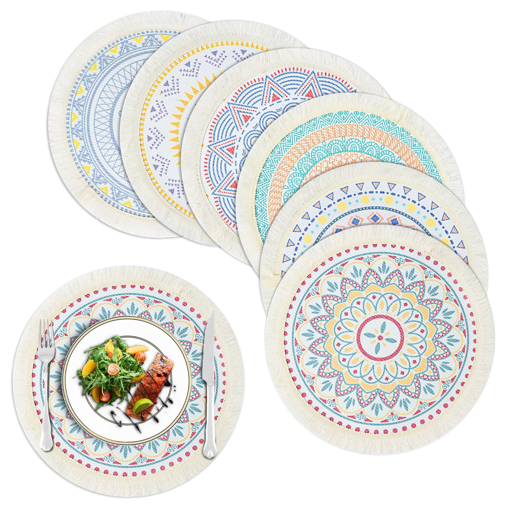 Boho Style Mandala Pattern Placemats Set of 6 with Tassels, 13 Inch Rope Braided Place Mats Woven Placemat for Dining Table Decor, for Festival, Home, Wedding