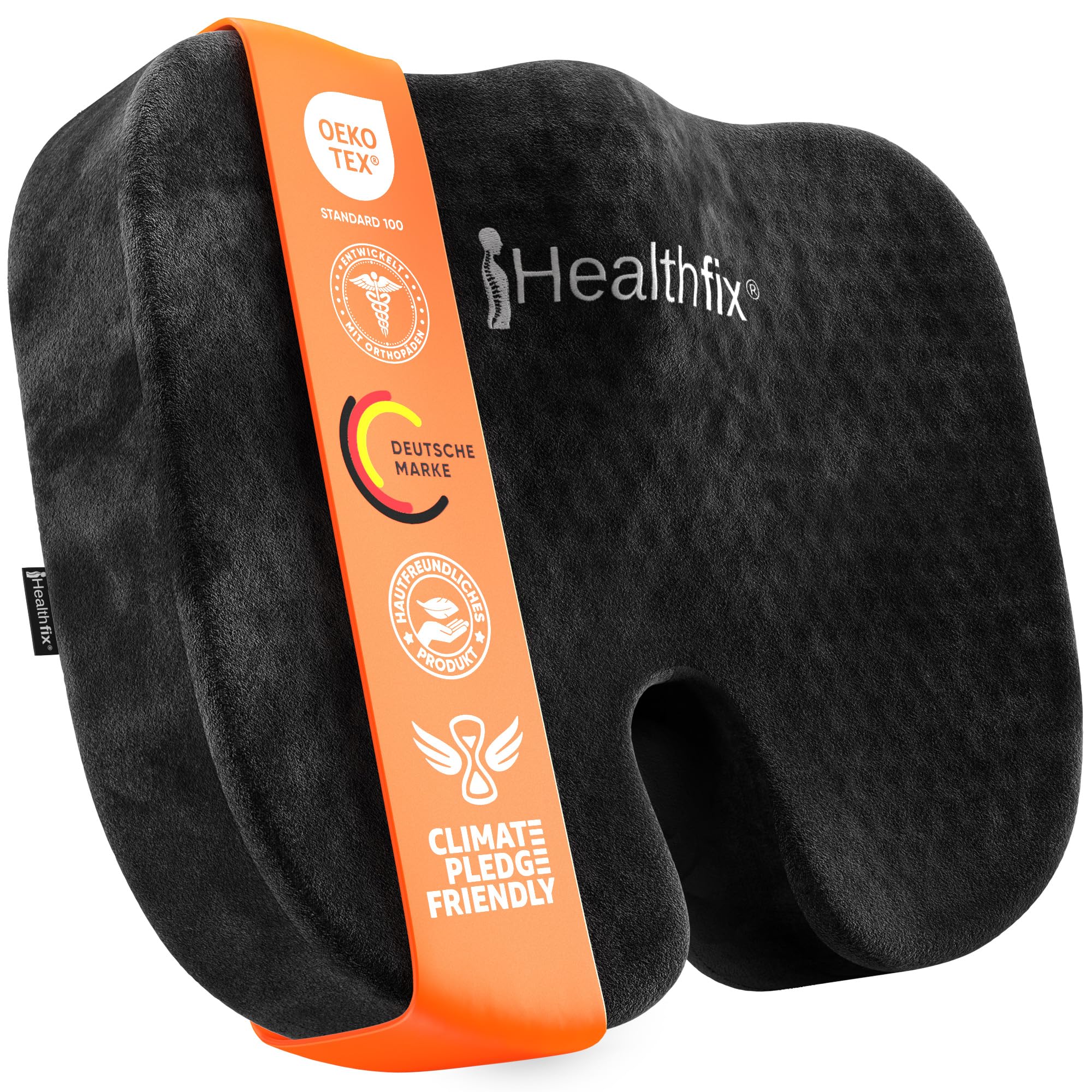 Healthfix Orthopädisches Sitzkissen Bürostuhl, Steißbein Entlastung mit Honeycomb-Layer und Veloursbezug, ergonomisches Sitzkissen für Büro Auto Zuhause, 45 x 36 x 7 cm (Schwarz)