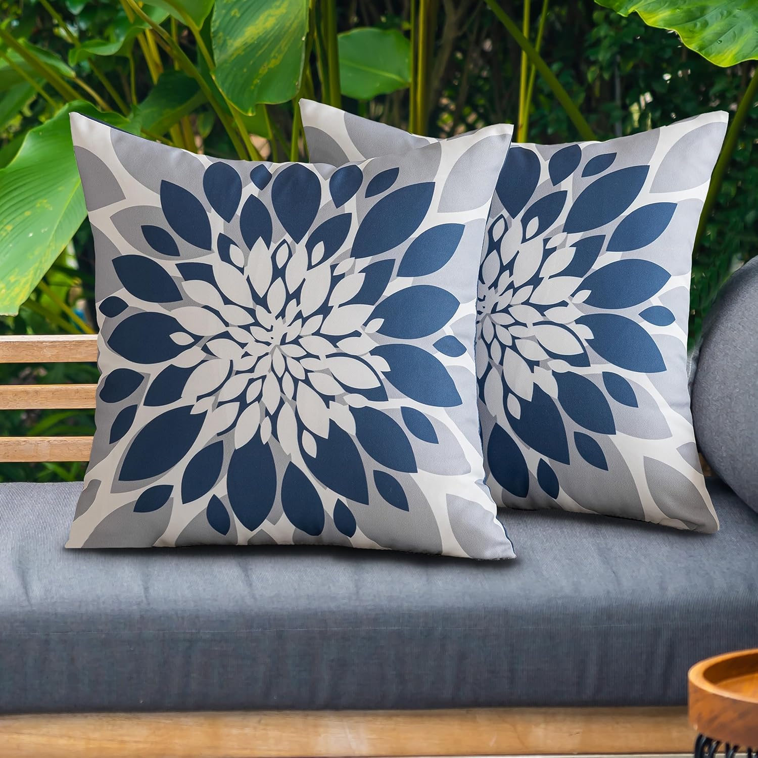Qahing Pack of 4 Outdoor Waterproof Pillow Covers 24x24 Decorative Outdoor Throw Pillows Garden Square Cases for Patio Furniture, Couch, Tent Sunbrella, Bench, Blue Grey