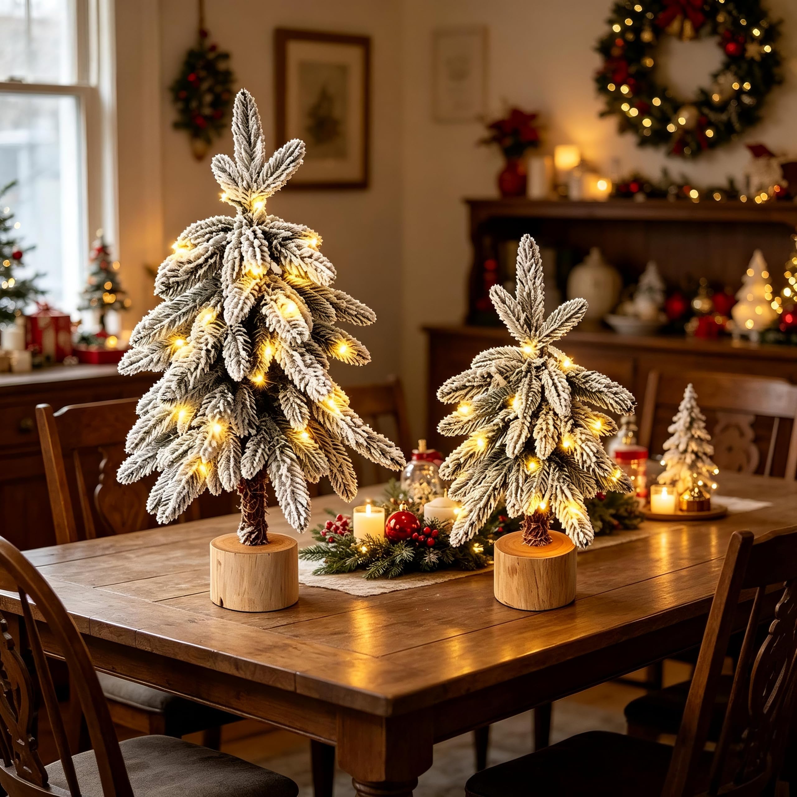 HipTree Lot de 2 mini sapins de Noël floqués, 40,6 cm et 61 cm pré-éclairés avec 8 modes de lumières LED et base en bois, fonctionne à piles pour décoration de vacances d'hiver