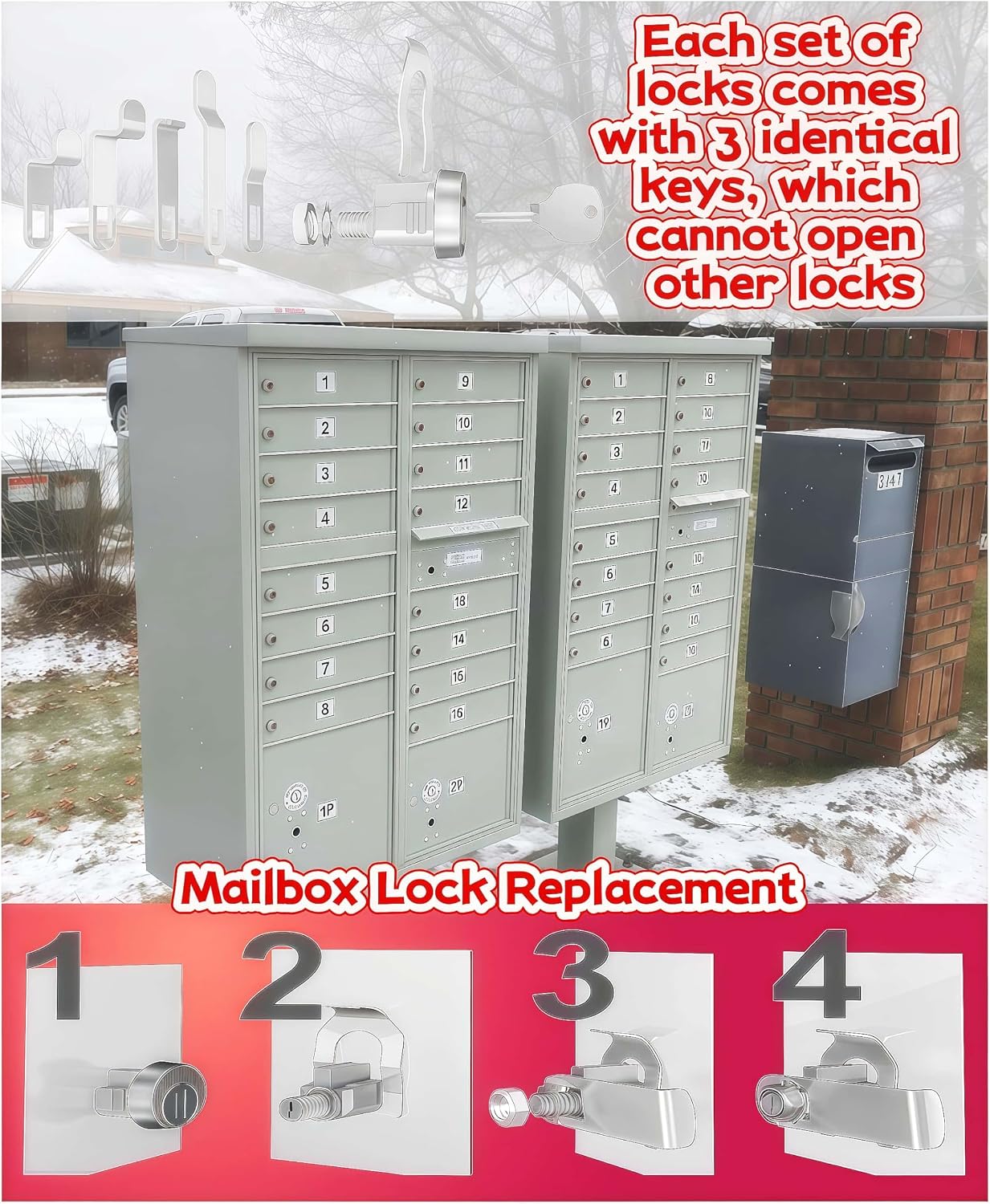 Mailbox Lock for C9100, L-1172C 3 Keys Nickel Finish | Replaces L-1172C, Fits C9100 4C CBU Mailboxes, Nickel Plated Zinc Alloy, 3 Keyed Alike Keys, 5-Min Quick Install