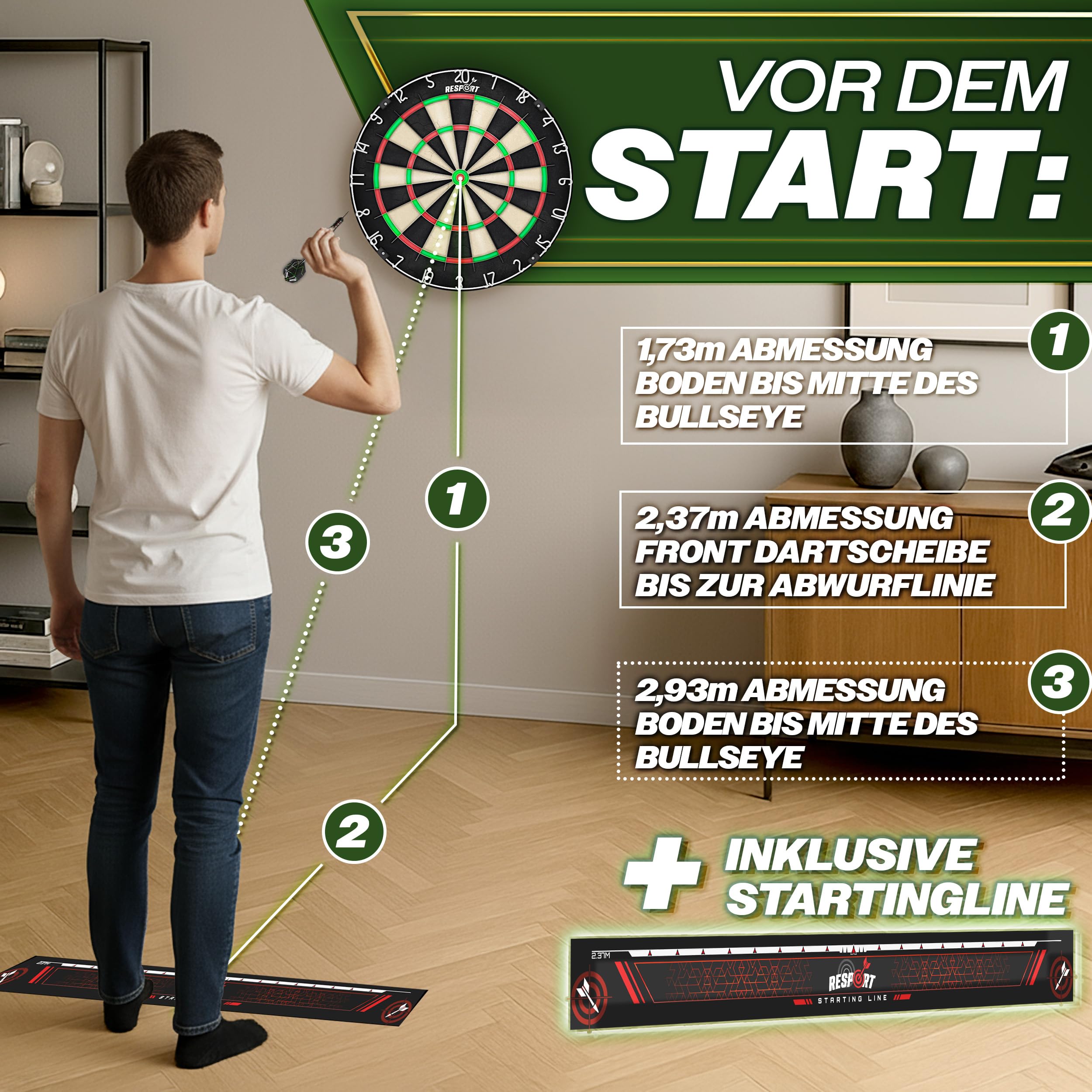 RE:SPORT® Sisal Premium Dartscheibe XXL Set mit 9 Profi Dartpfeile + 24 Pro Flights + Zubehör | Steeldart Dartboard mit Montageset | Steeldartscheibe mit Pfeilen Startlinie