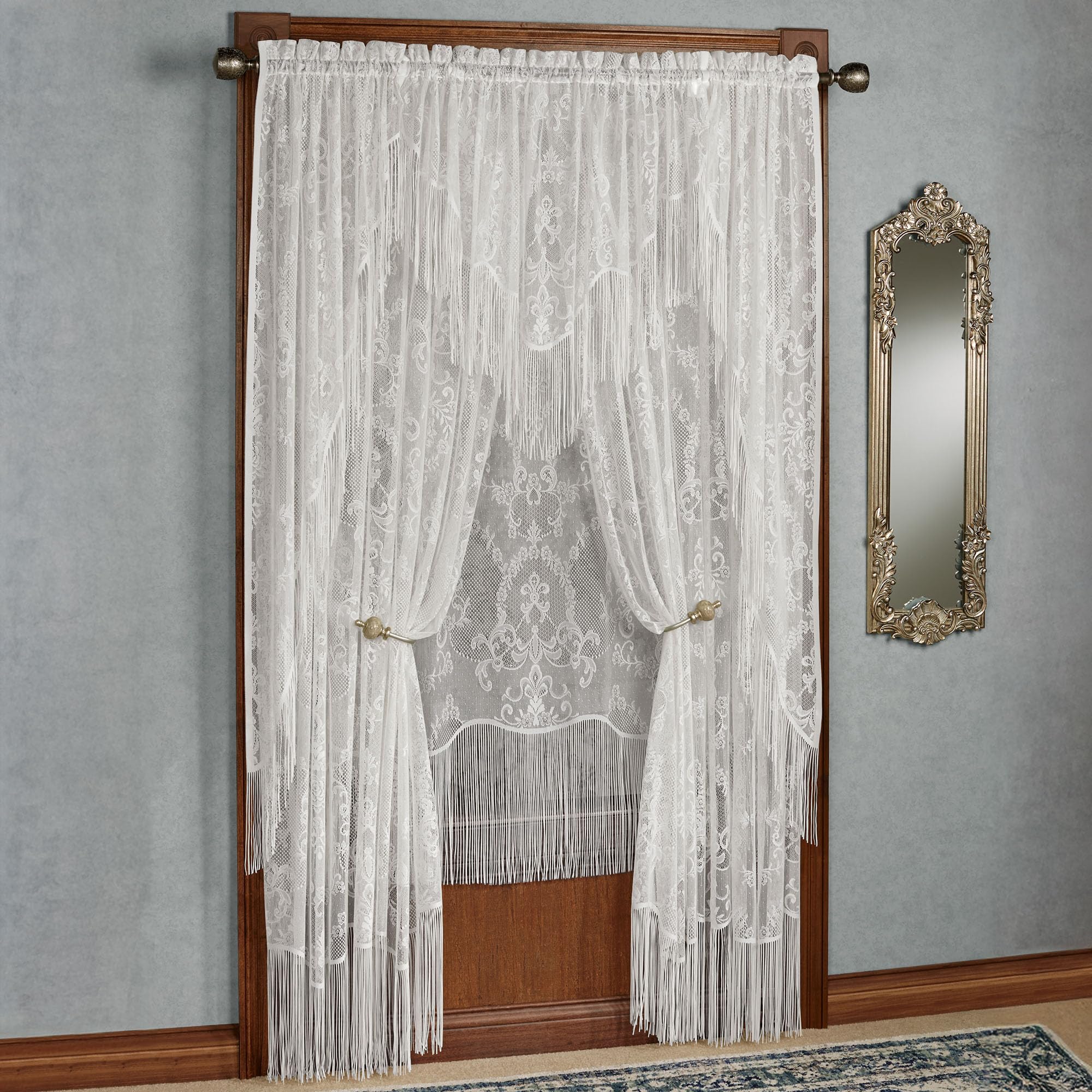 Queen's Lace Fringed Window Treatments | Antique White | Traditional Medallion Motif Polyester Lace with Long Self-Fringed Edges | 5-pc Set: Ascot Valance, 63L Swag Pair, 1-63L Panel, & 2-95L Curtains