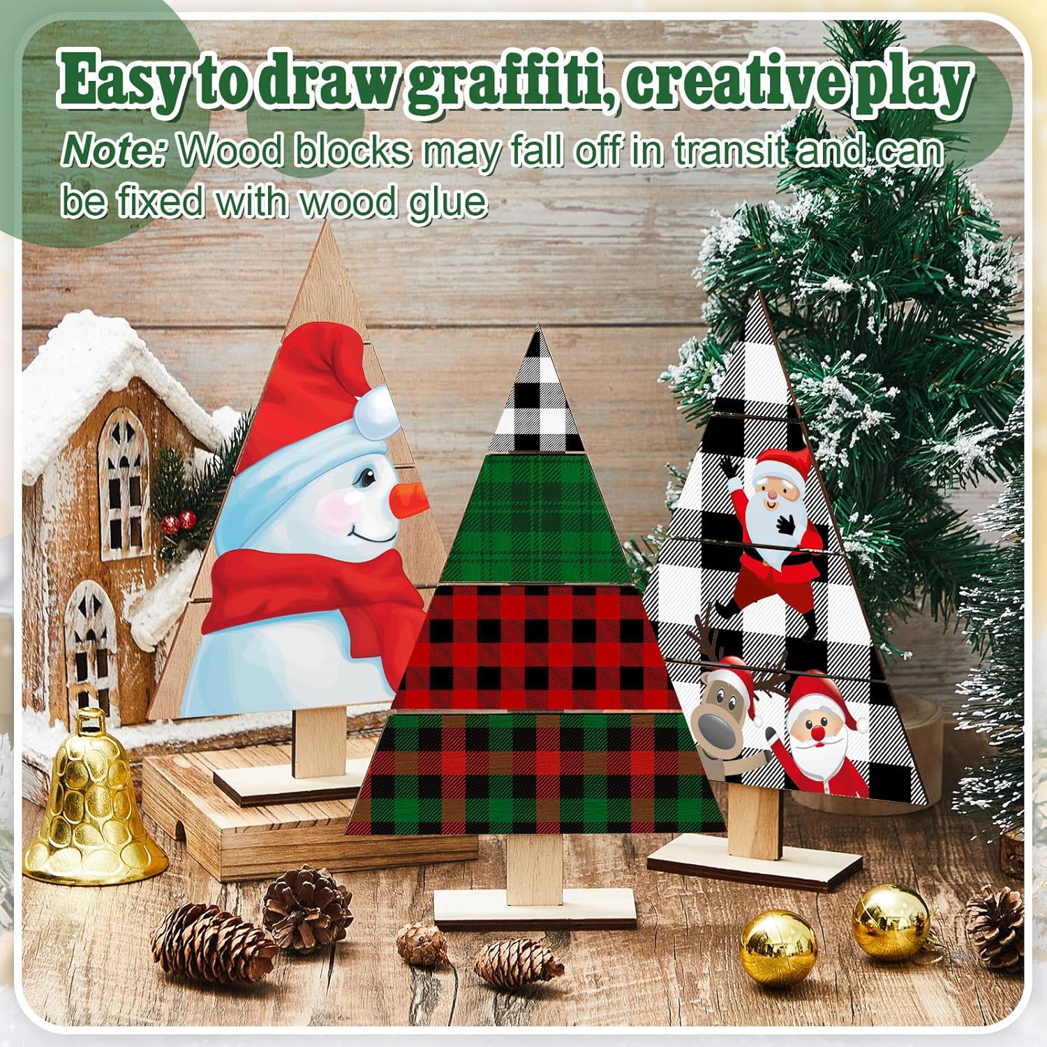 Soaoo 8 Pcs Christmas Standing Wood Pallet 11.81" x 7.48" Christmas Tree Unfinished DIY Wooden Ornaments Kit Rustic Wooden Crafts 12 Colors Pigment Palettes and Paint Brushes