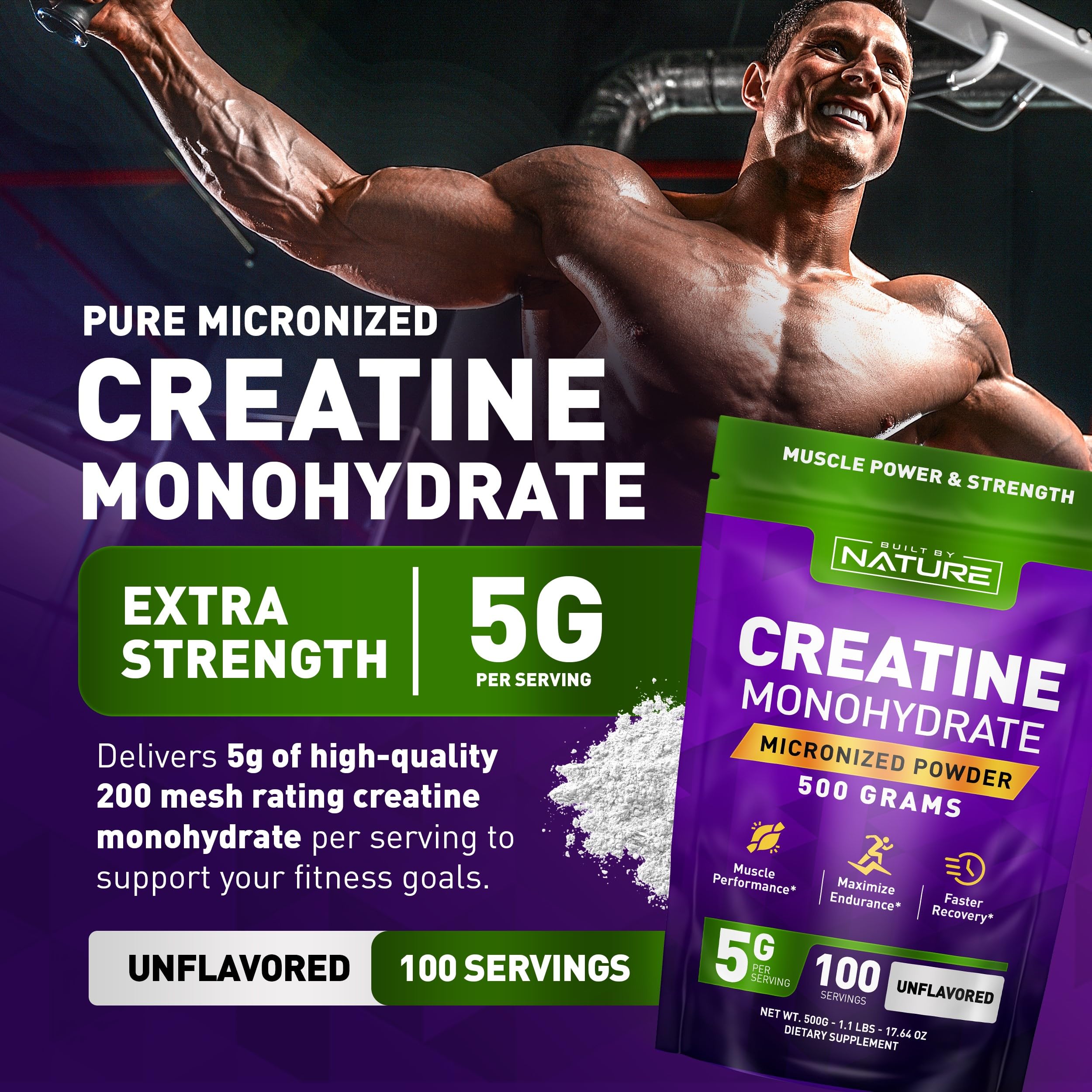 Creatine Monohydrate Powder – Micronized Creatine for Men & Women – Pure Monohydrate Creatina Suplemento – Muscle Strength, Performance & Recovery – 100 Servings, 500 Grams, Unflavored