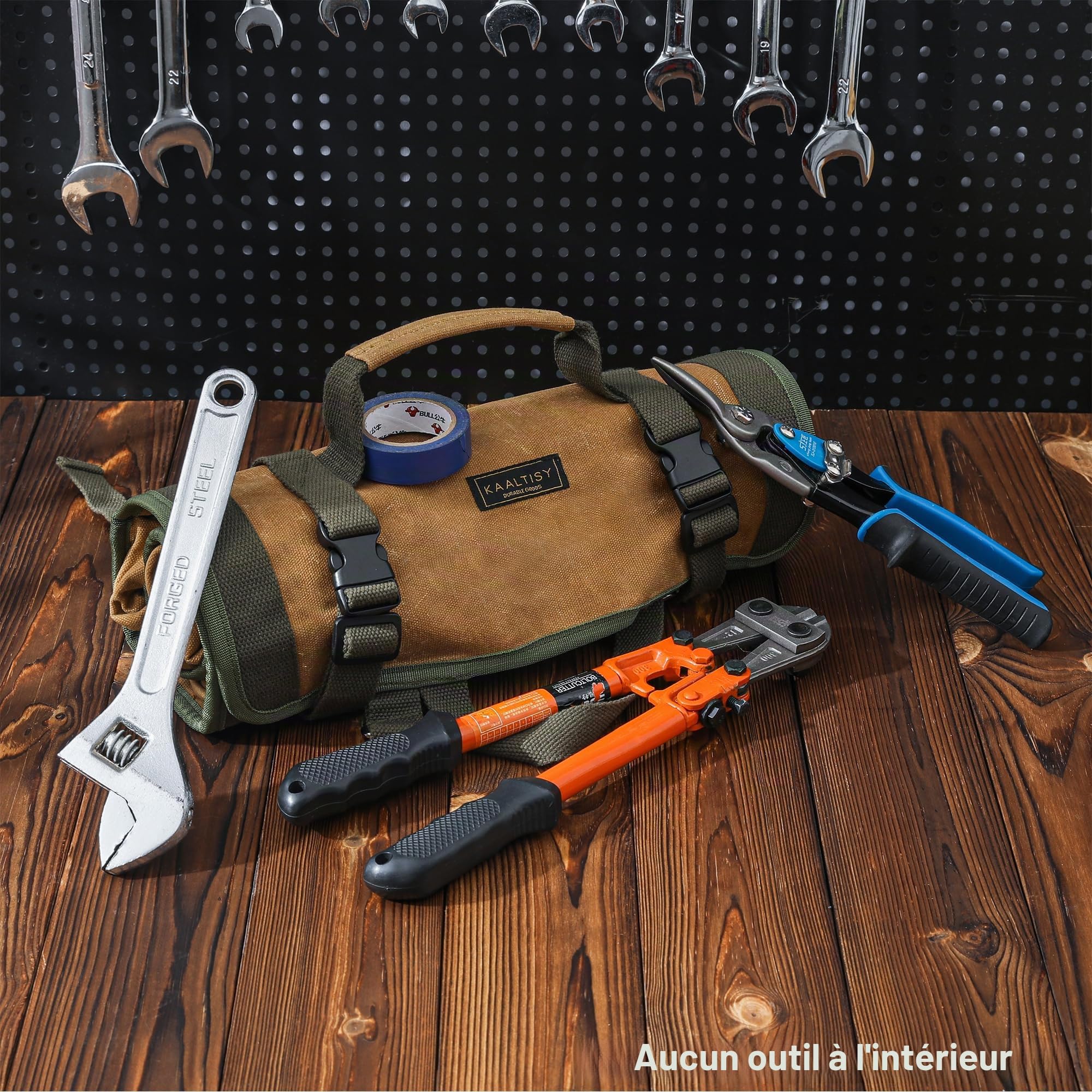 Sac à roulettes pour outils en toile cirée, Grand rouleau de clés à molette avec 6 poches zippées, Sac à outils multifonctions, Kaki