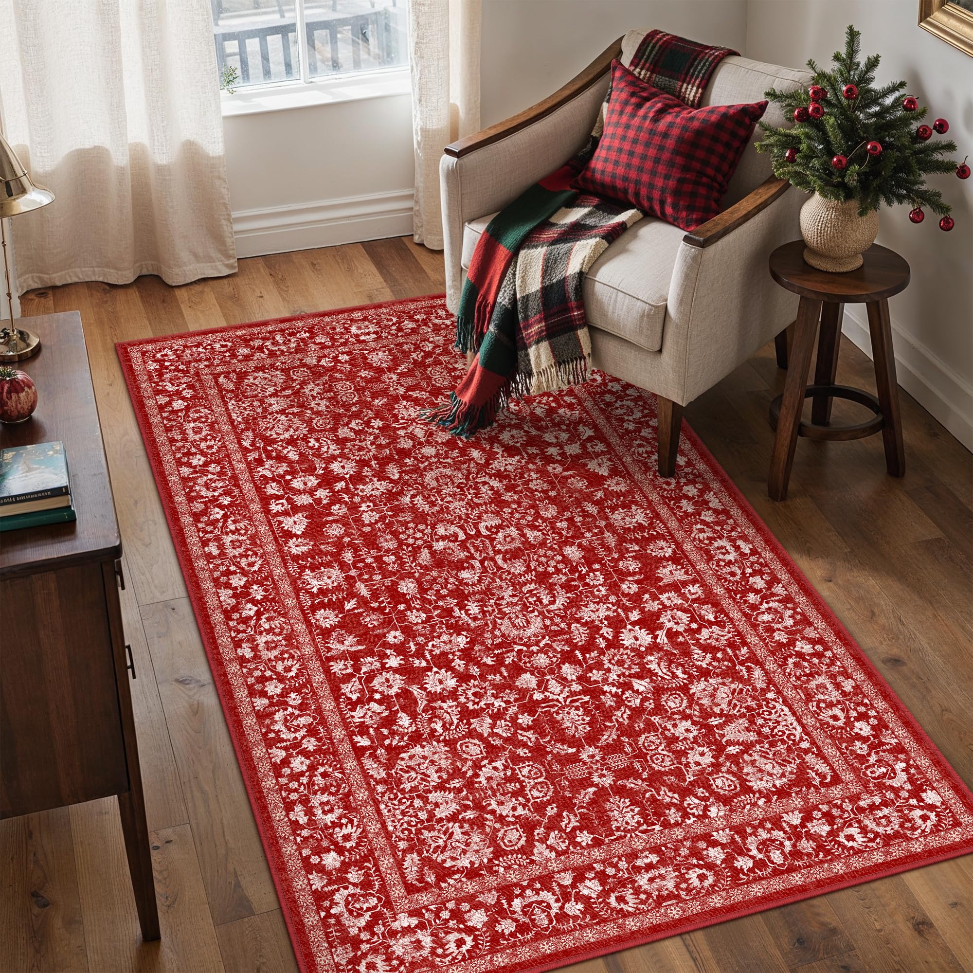 PureCozy Christmas Area Rug 3x5 Red Washable Office Carpet Holiday Door Mat Vintage Low Pile Distressed Retro Floral Throw Non Slip Soft Decorative Xmas Rug for Entryway Kitchen Bedroom Bathroom