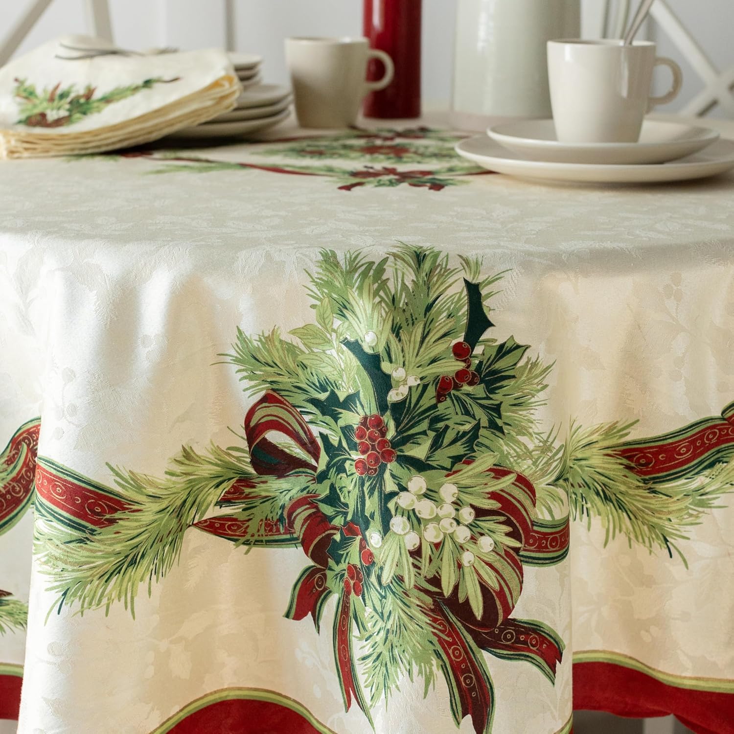 Benson Mills Christmas Ribbons Engineered Printed Fabric Table Cloth, Winter, Holiday and Christmas Tablecloth (70" Round, Xmas Ribbons)