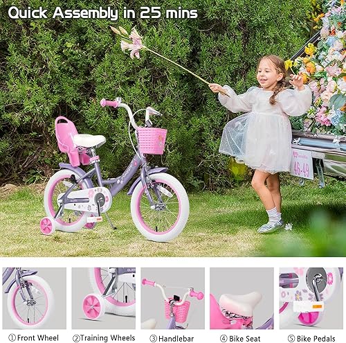 Miniatura 123 de Glerc Maggie Girls Bike, 12-20 Inch Kids Bike for 2-13 Years Old Children, Princess Style Kids Bicycle with Doll-Seat & Basket & Training Wheels,