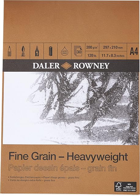 Daler-Rowney Fine Grain Lightly Textured A4 200gsm Drawing Paper, Pad, Glued 1 Side, 30 White Heavyweight Sheets, Ideal for Professional Artists