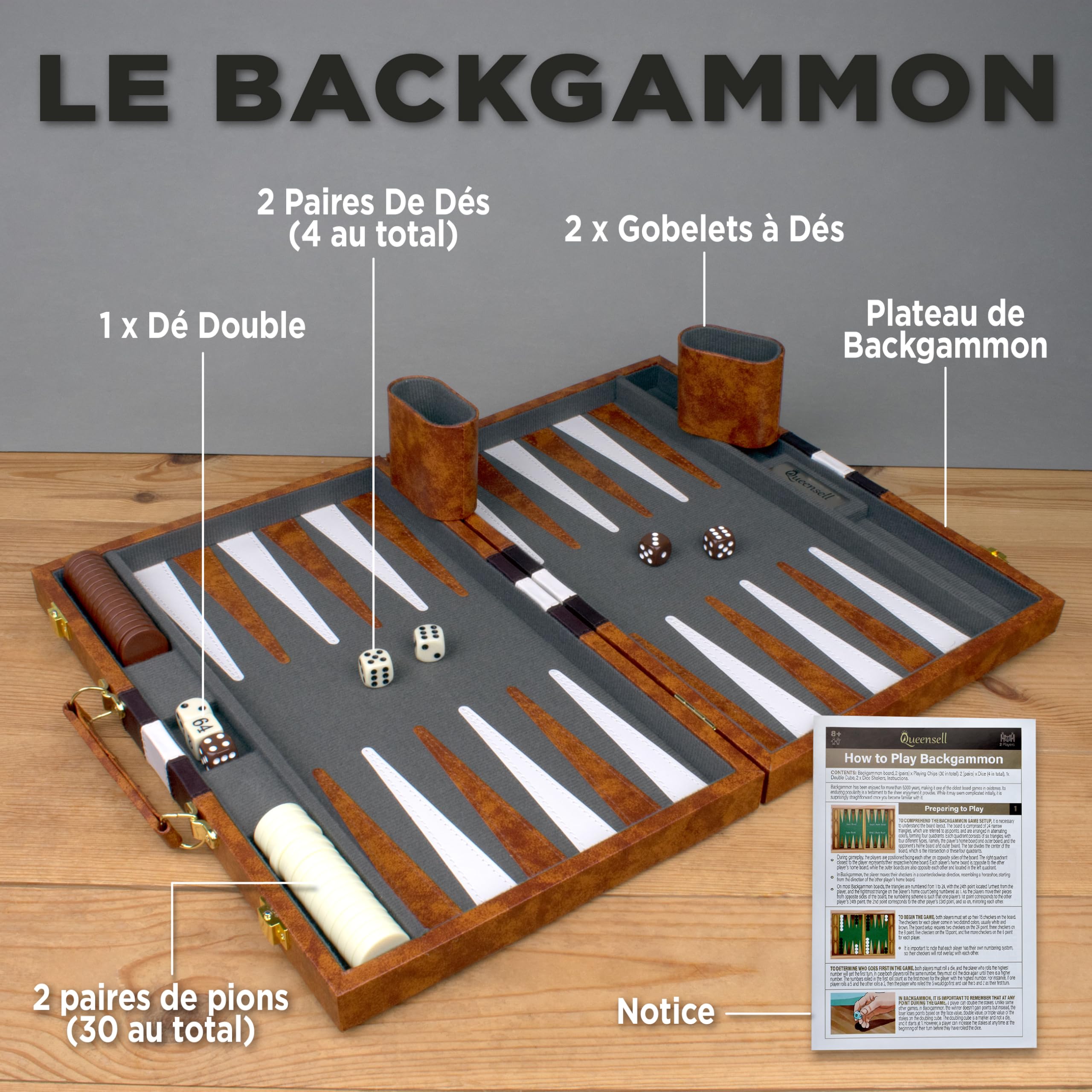 Grand Jeu De Backgammon pour Adultes - Jeux De Société Classiques pour 2 Joueurs Adultes Et Enfants - Jeu De Backgammon Premium avec Plateau 38 Cm Et 32 Pions dans Étui en Cuir PU De Qualité