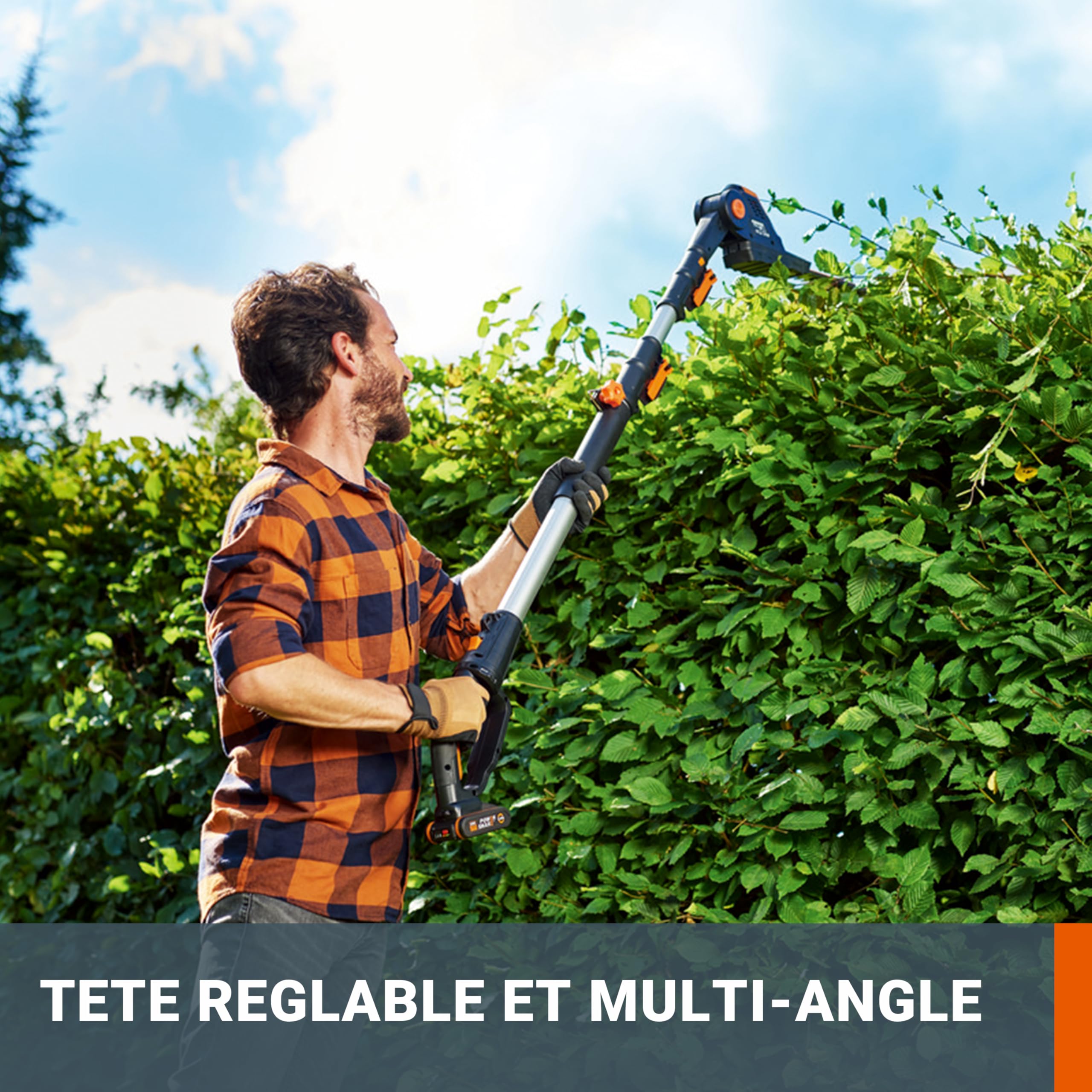 WORX Taille-Haies sans Fil sur perche 20V WG252E.9, Lame de 45 cm, écartement de 16 mm, manche télescopique, Léger et Ergonomique, Poignée Arrière Souple et Rotative, Livré sans Batterie ni Chargeur