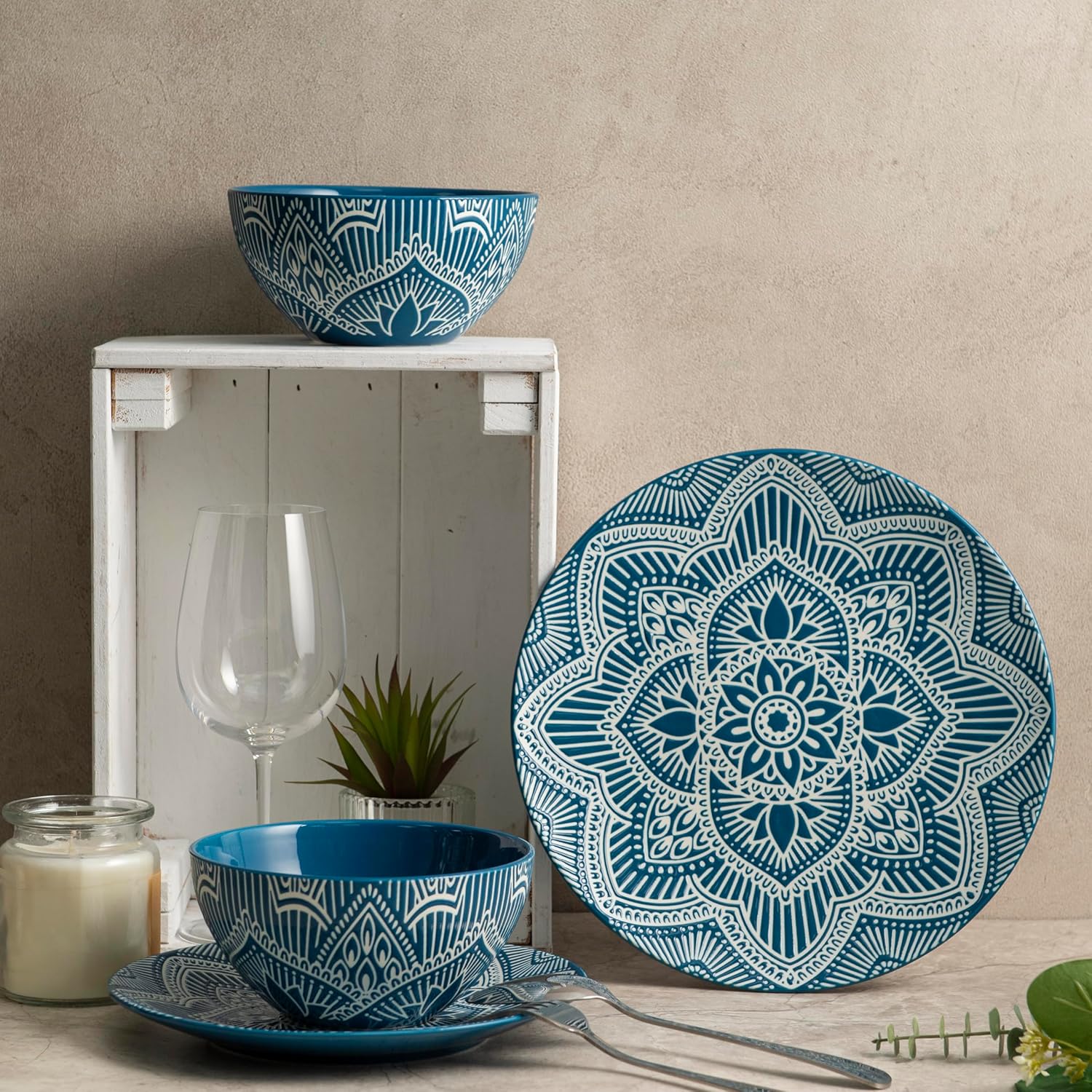 Bzyoo 12-Piece Ceramic Dinnerware Set: La La Mandala Blue Dish Set Design for Every Occasion - Microwave & Dishwasher Safe Stackable Plates Bowls