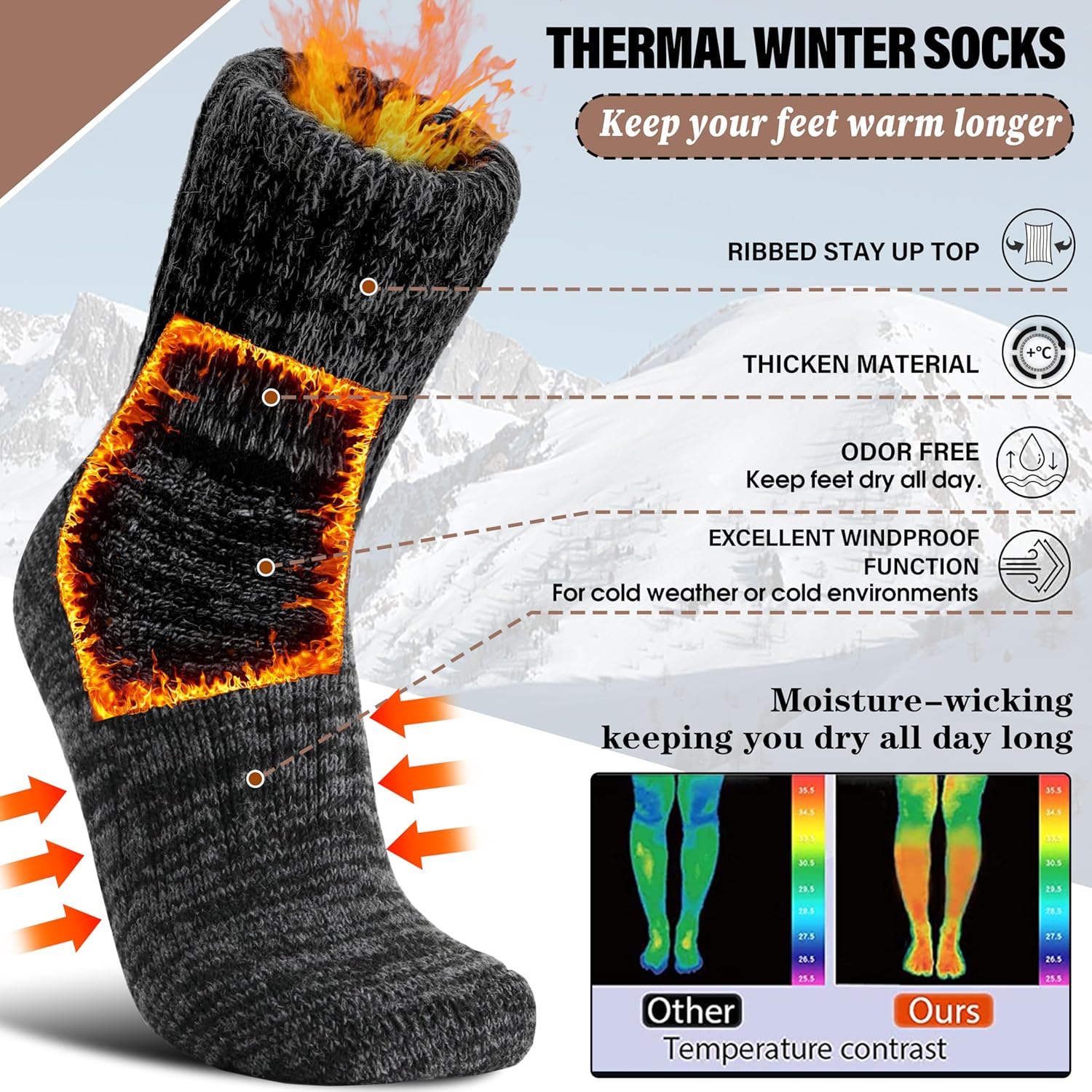 Sandsuced Merino Wool Boot Socks Thermal Warm Thick Winter Cozy Hiking Work Socks for Women Men 3 Pairs - Image 3