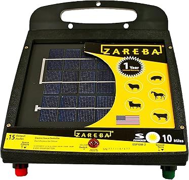 Zareba Solar Powered Electric Fence Charger - 10 Mile Low Impedance Fence Energizer for Cattle, Horses, Goats, Livestock, 0.15 Output Joules, Built-in Mounting Bracket for Posts, ESP10M-Z