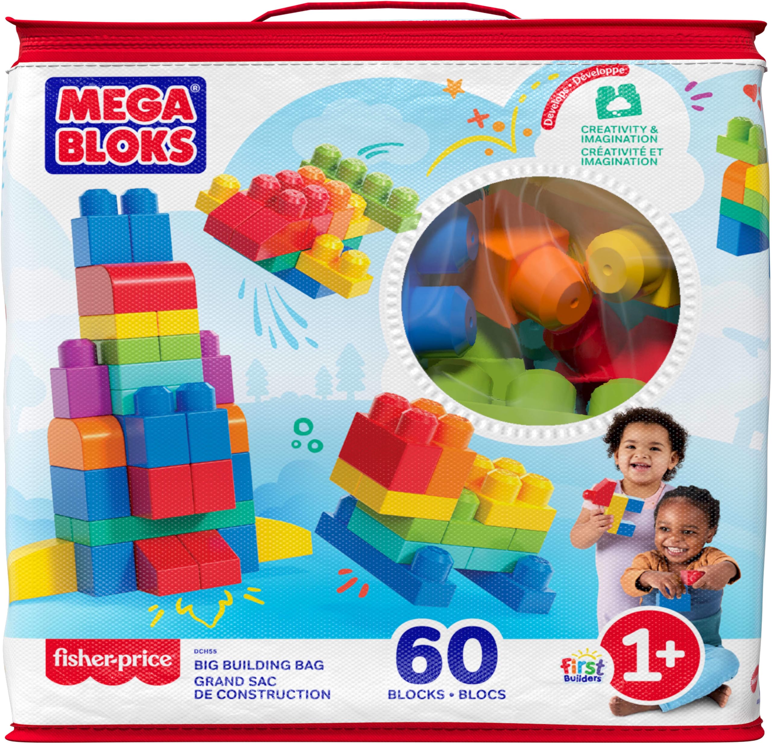 MEGA Bloks, Blocs De Construction, Grand Sac De Construction Bleu, Couleurs Classiques, 60 Blocs De Construction Empilables, Jouet Enfant, Jouet pour Enfant de 1 ans et Plus, DCH55
