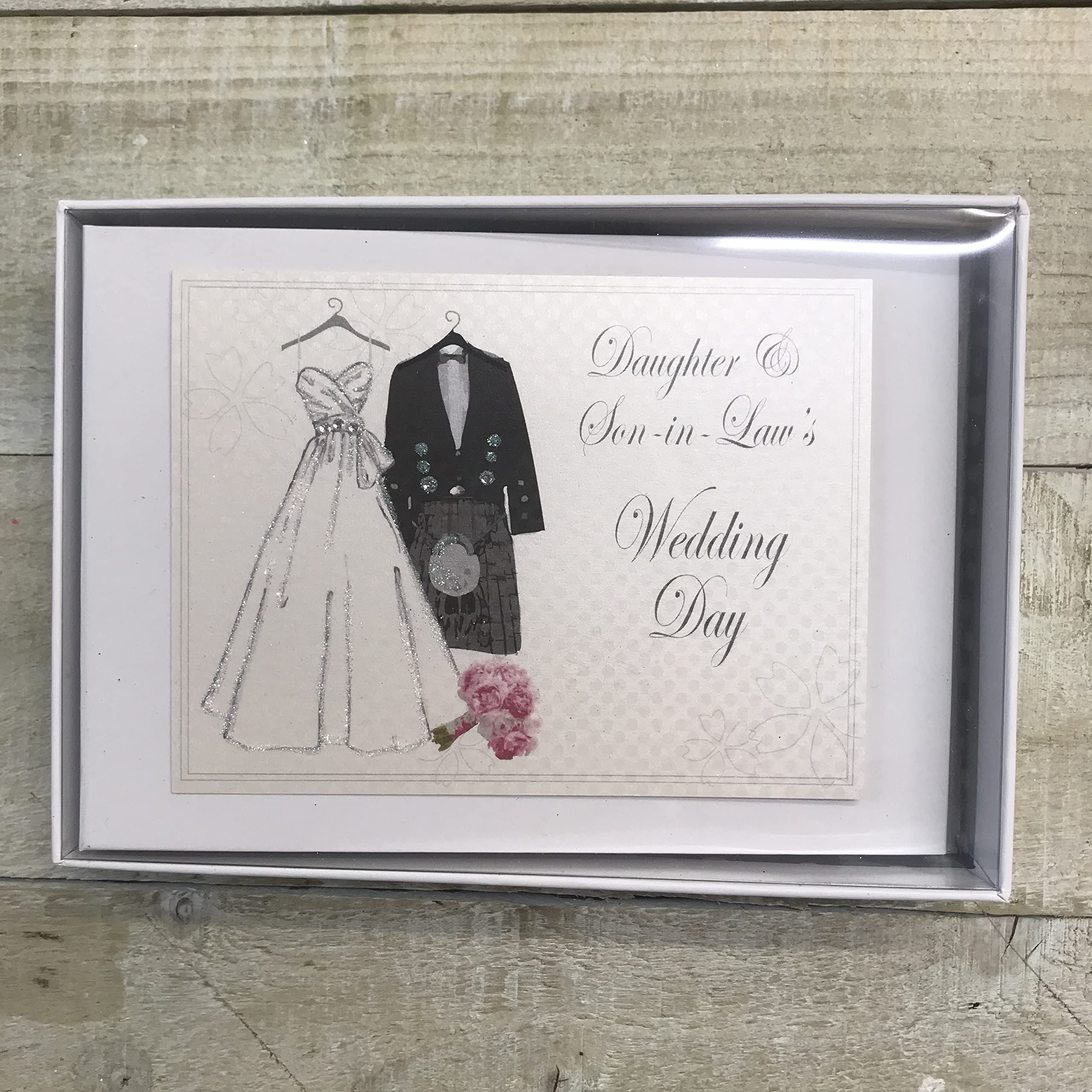 White Cotton Cards White Daughter & Son-In-Law Wedding. Tiny Photo Album. Bride & Groom Scottish Kilt Design. Hand Finished By Cotton Cards (Wk11t)