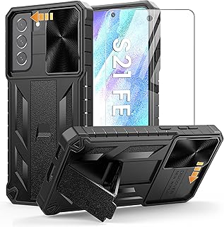 WTYOO for Samsung Galaxy S21-FE Case: Military Grade Drop Proof Cell Phone Protective Cover with Kickstand & Lens Slider | Rugged Shockproof TPU Matte Textured 5G Mobile Phone Bumper - Matte Black