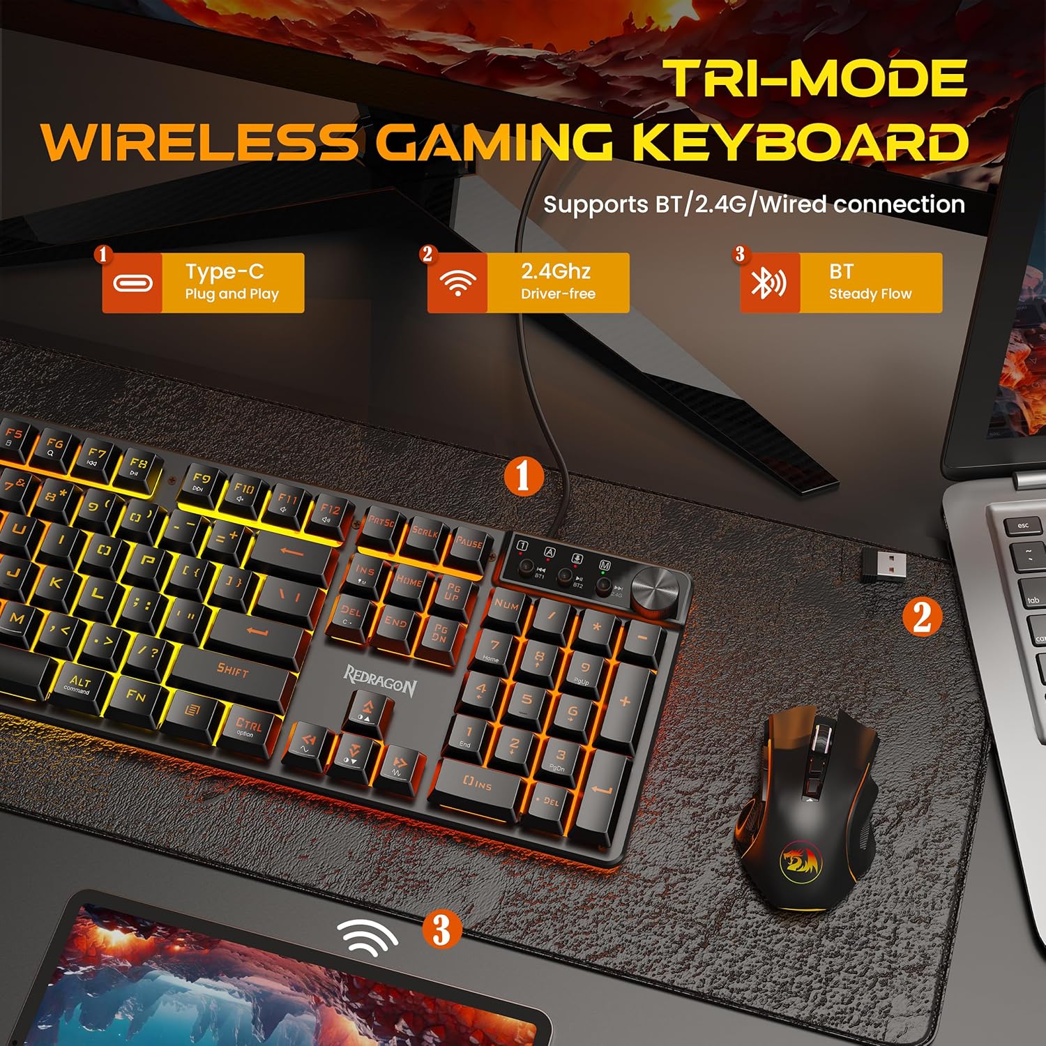 Redragon K521WL Wireless Gaming Keyboard with Knob, Tri-Mode BT/2.4G/USB-C RGB Mechanical Feeling Keyboard with Multimedia Keys, 4000mAh Battery, Anti-Ghosting, Compatible with PC - Upgrade