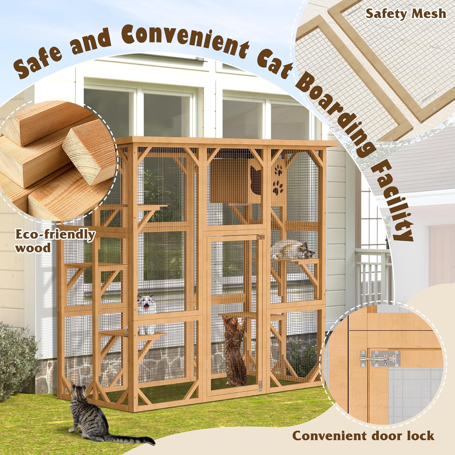 Catio Cat House Cage Enclosure, Outdoor/Indoor Wooden Cat Enclosures with Separate Kennel, 5 Large Platforms and Waterproof Asphalt Roof for Patio, Backyard (Burlywood)
