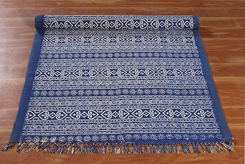 Miniatura 8 de Alfombra geométrica bohemia 100 % algodón, totalmente reversible, lavable a máquina, alfombra azul con borlas, alfombra de algodón tejida para