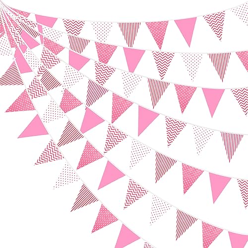 Guirnalda de banderín de 32 pies de color rosa intenso con puntos a rayas, banderines triangulares para bodas, cumpleaños, baby shower, fiesta,