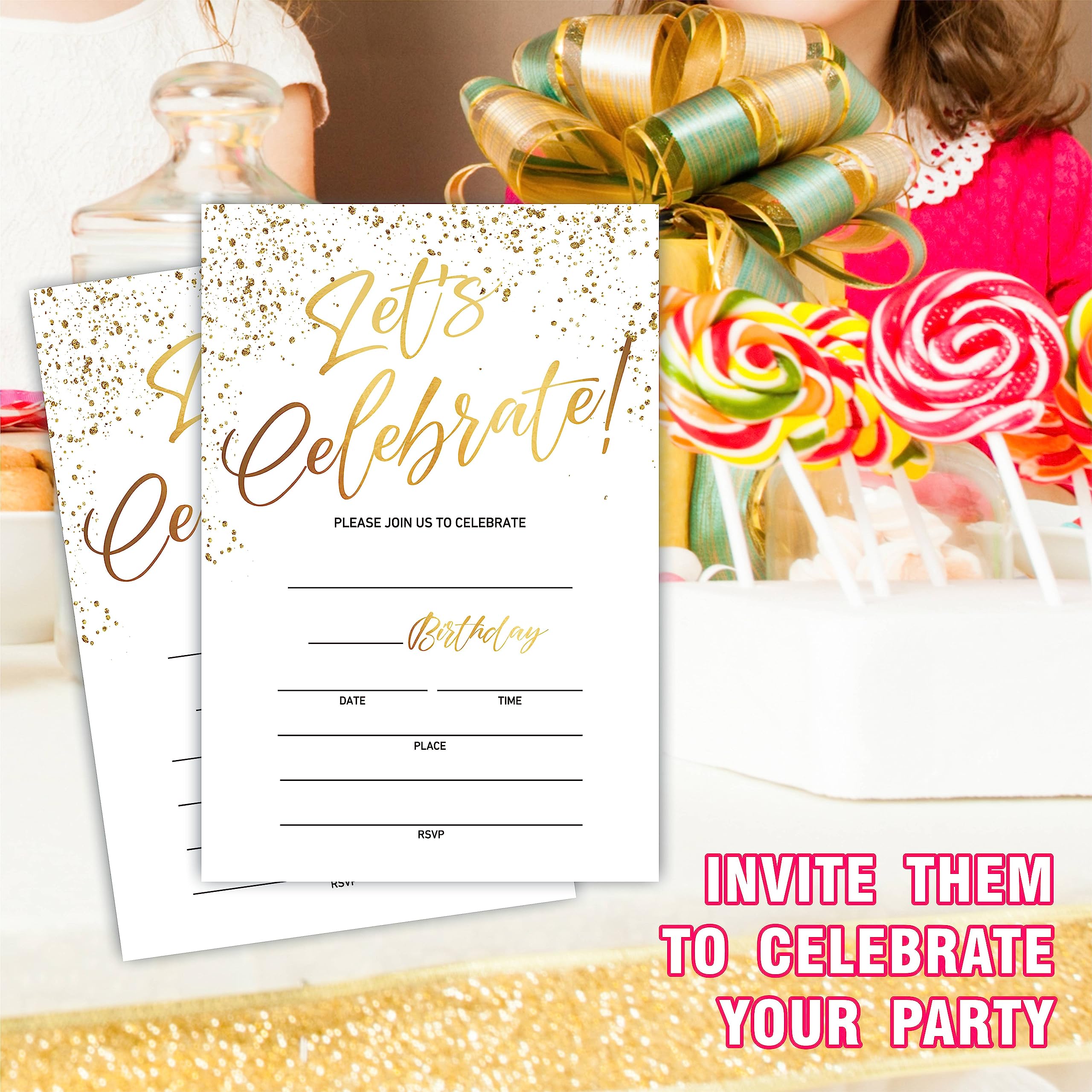 20x Einladungskarten 'Let's Celebrate!' – Goldenes Design, 10,2x15,2 Cm, Mit Umschlägen