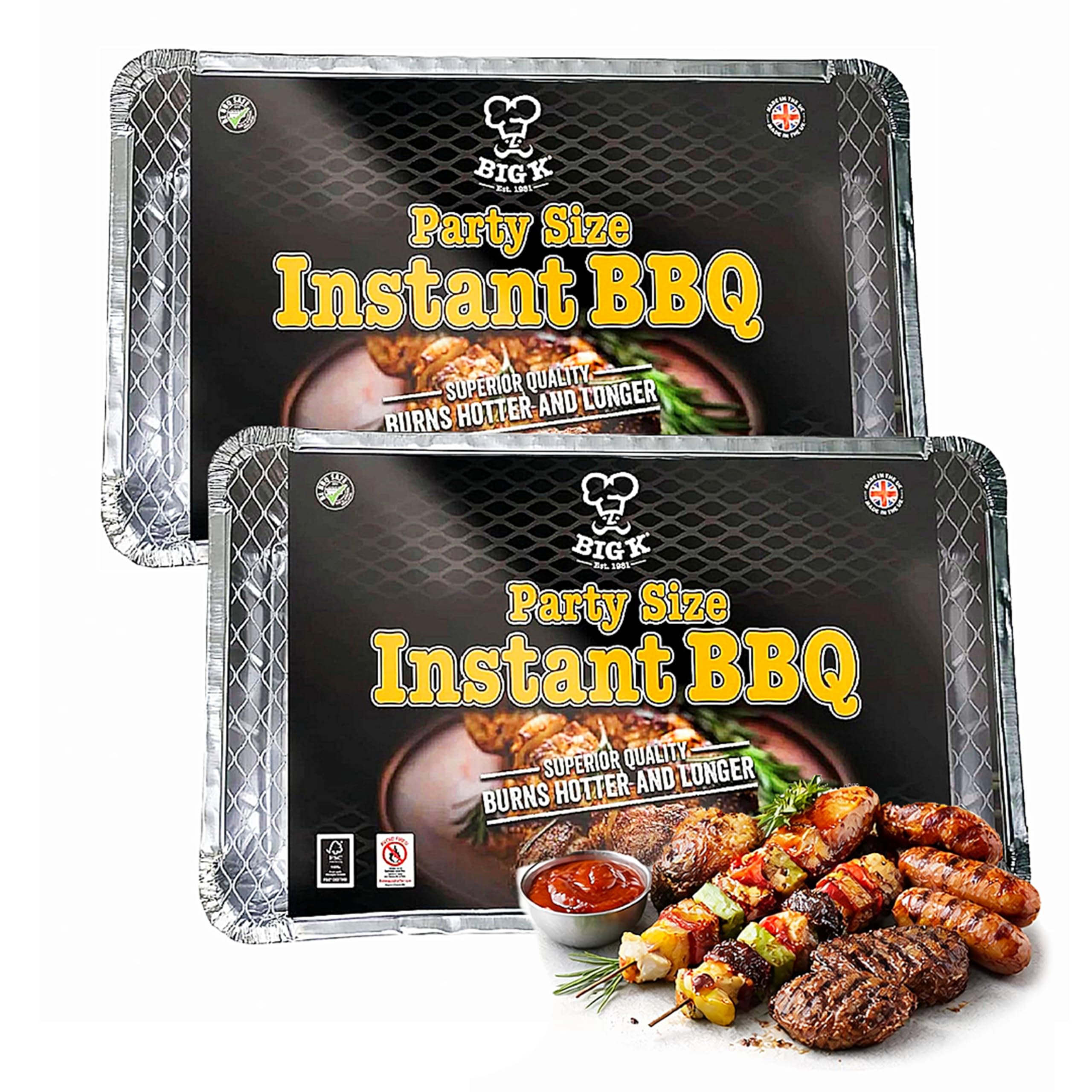 Big K Disposable Instant BBQ Tray Bundle - Pack of 2 Party Size All In One Barbecue Instant Light Charcoal Grill Trays with Topline Card. Ideal for Garden BBQ, Camping, Outdoor Party, Picnics.