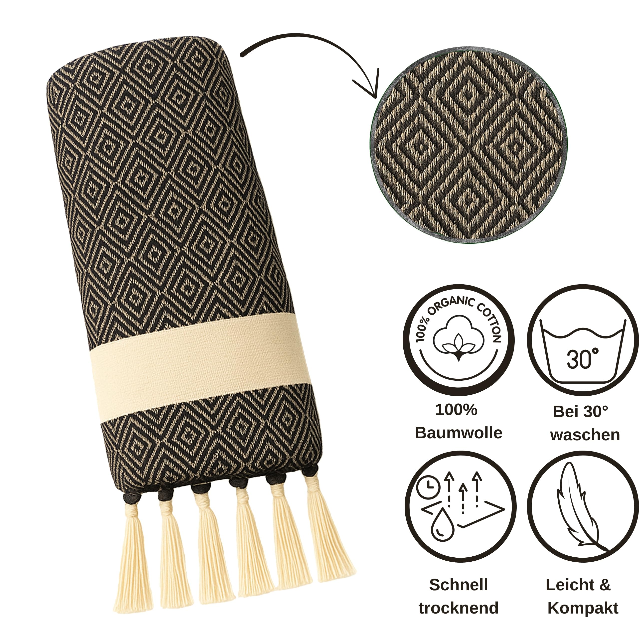 Lot de 2 serviettes de hammam et de sauna, serviette de bain Pestemal Fouta de qualité supérieure, élégante, serviette de plage Pestemal, design coloré et élégant (noir, lot de 2)