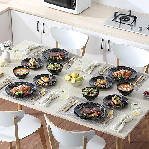 Miniatura 6 de Juegos de platos y tazones LOVECASA para 4, juegos de vajilla de porcelana de 12 piezas, juego de vajilla negro y dorado, juego de vajilla con Negro