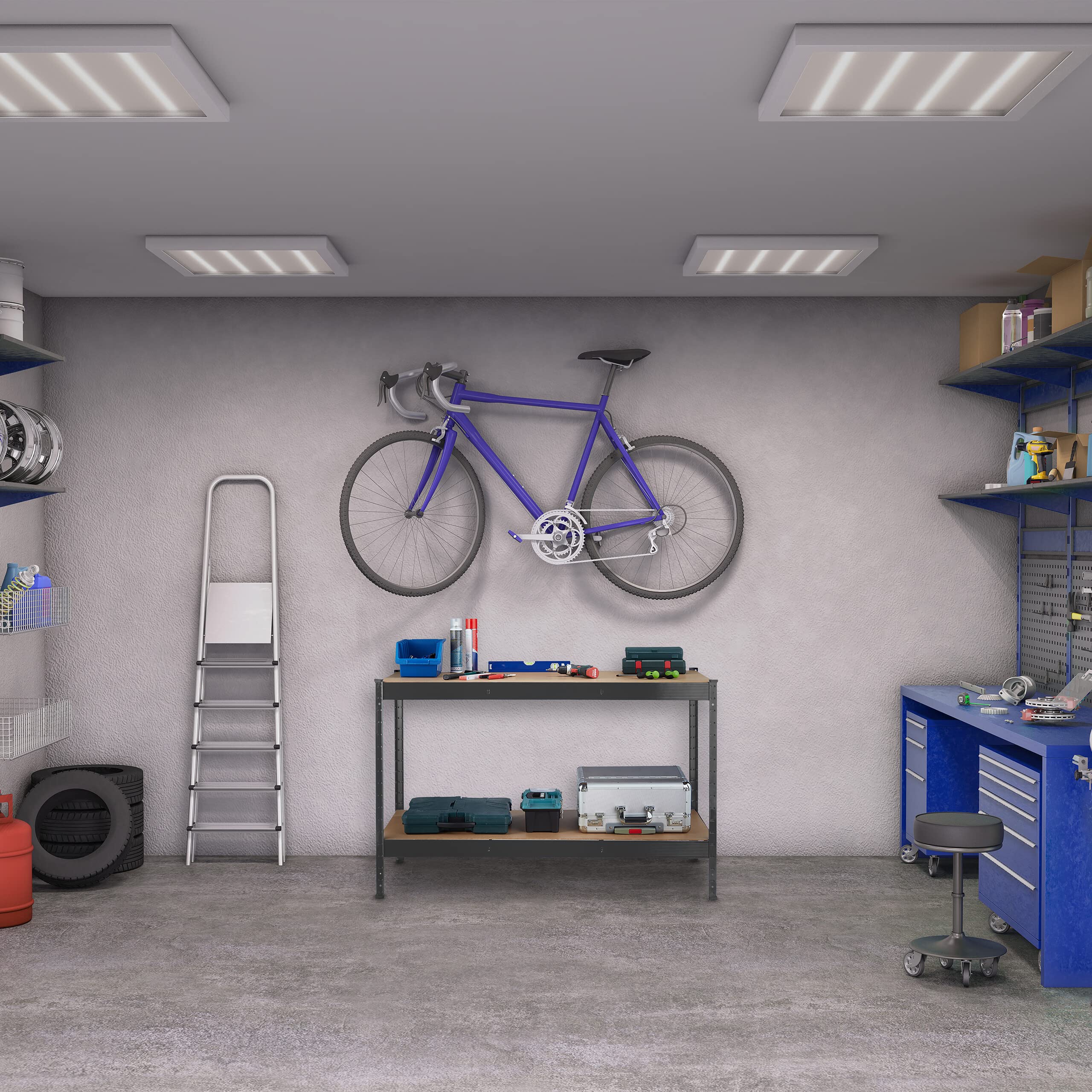 Relaxdays Banco da Lavoro Officina, Tavolo da Garage, 2 Scaffali, Altezza Regolabile, Acciaio e MDF, 91x141x61 cm, Nero