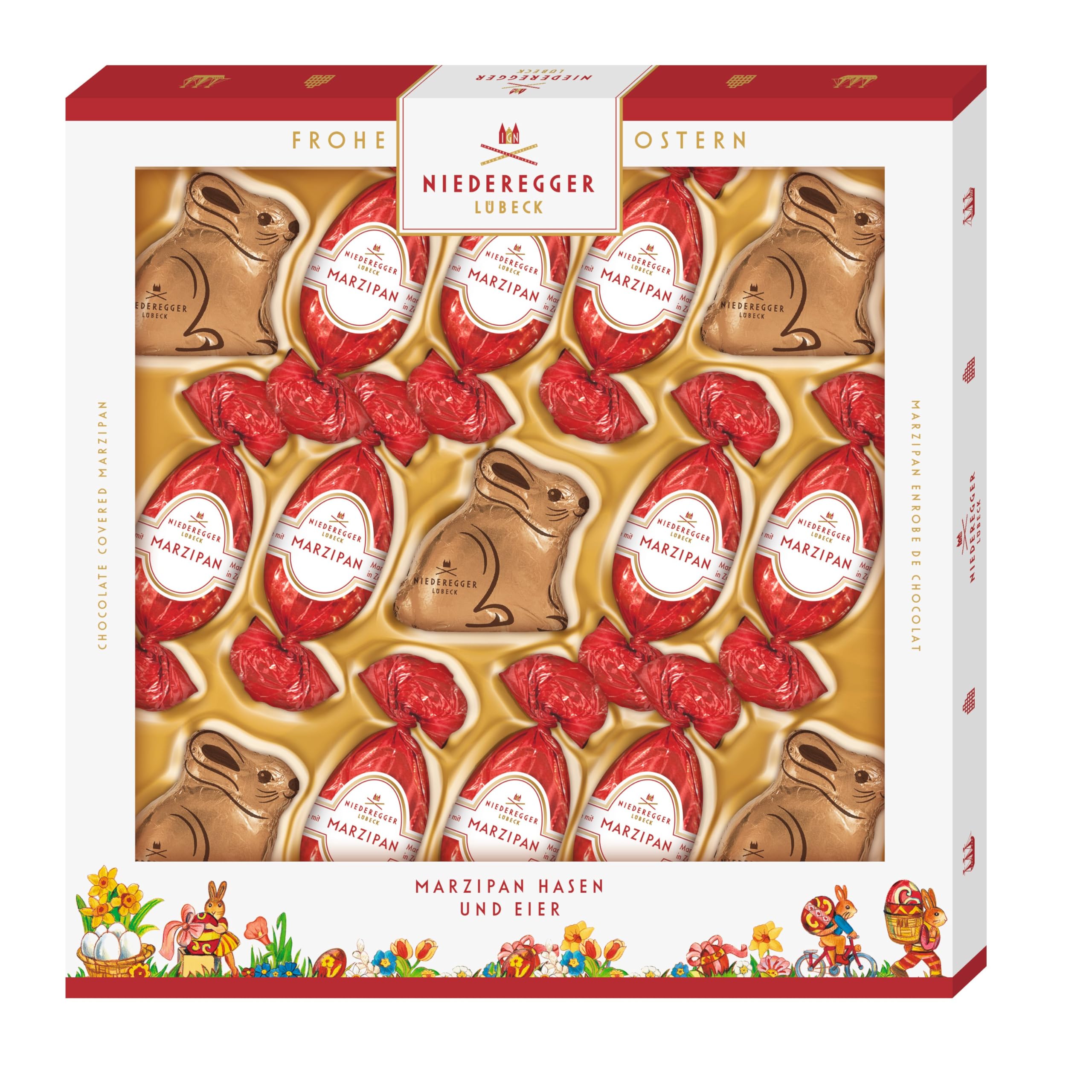 Niederegger | Marzipan Hasen & Eier | 1x 187g | Edle Geschenkpackung gefüllt mit Marzipan Hasen & Eier, umhüllt von Zartbitter-Schokolade | Ostereier | Osterpräsent