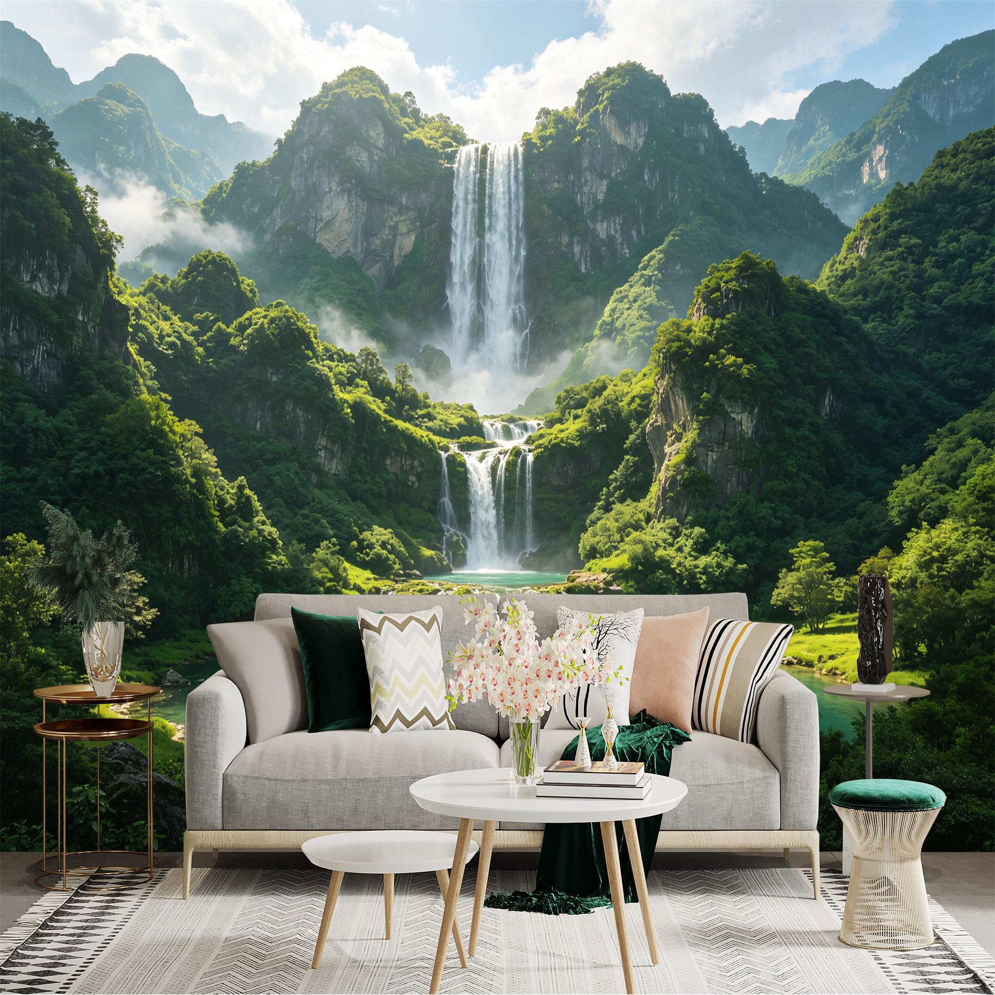 Custom Size Wall Sticker Mural， Majestic Waterfall in Lush Green Mountains， Tropical Forest Landscape， Turquoise Stream， for wall Decoration， peelandstick wall Decals.