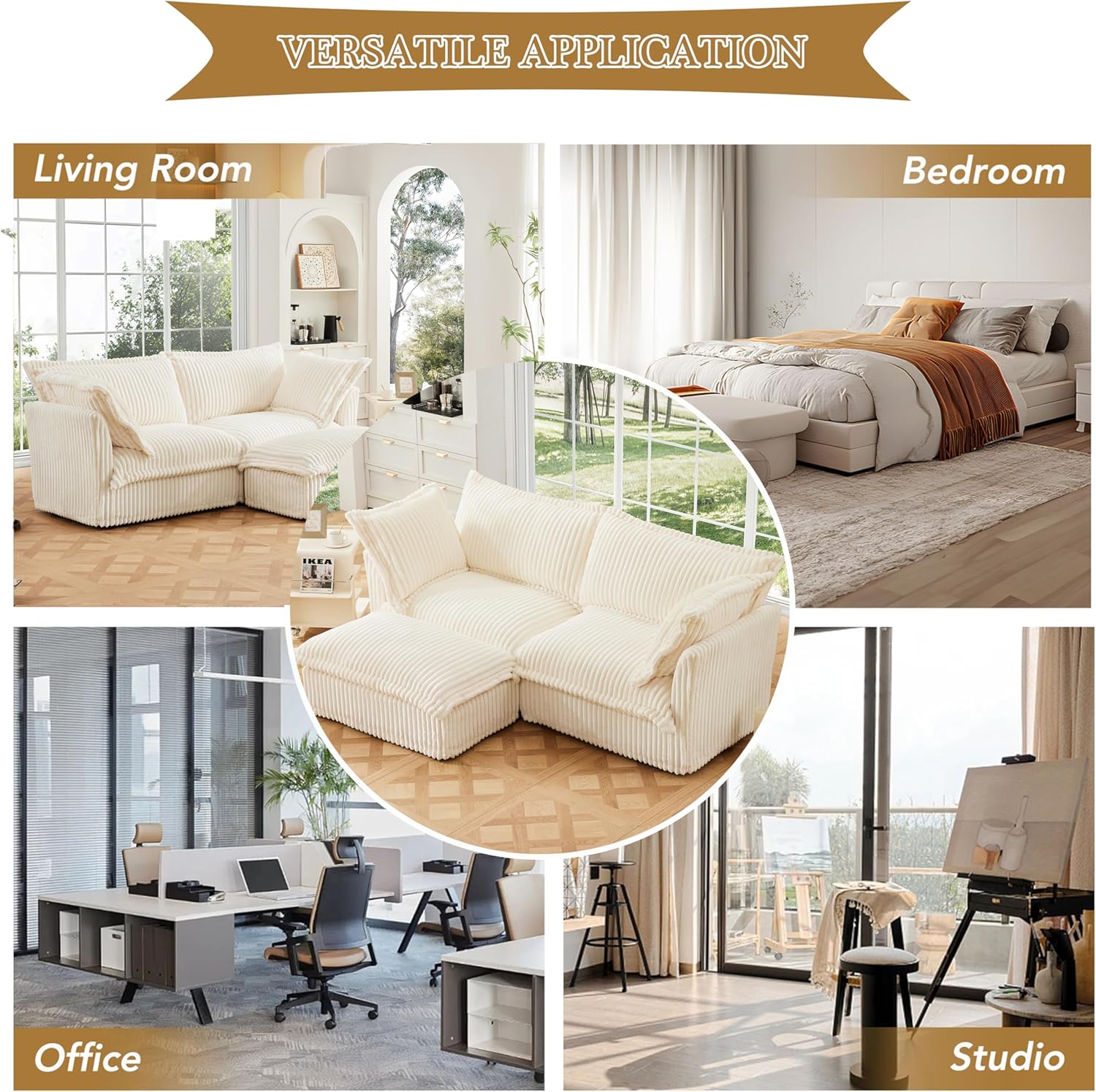 83.4" Loveseat with Ottoman, Oversized Loveseat Chair Sofa with 2 Large Soft Pillows and Detachable Cover, Comfy Cloud Couches Deep Seat Sofa (Cream, 2 Seat + 1 Ottoman)