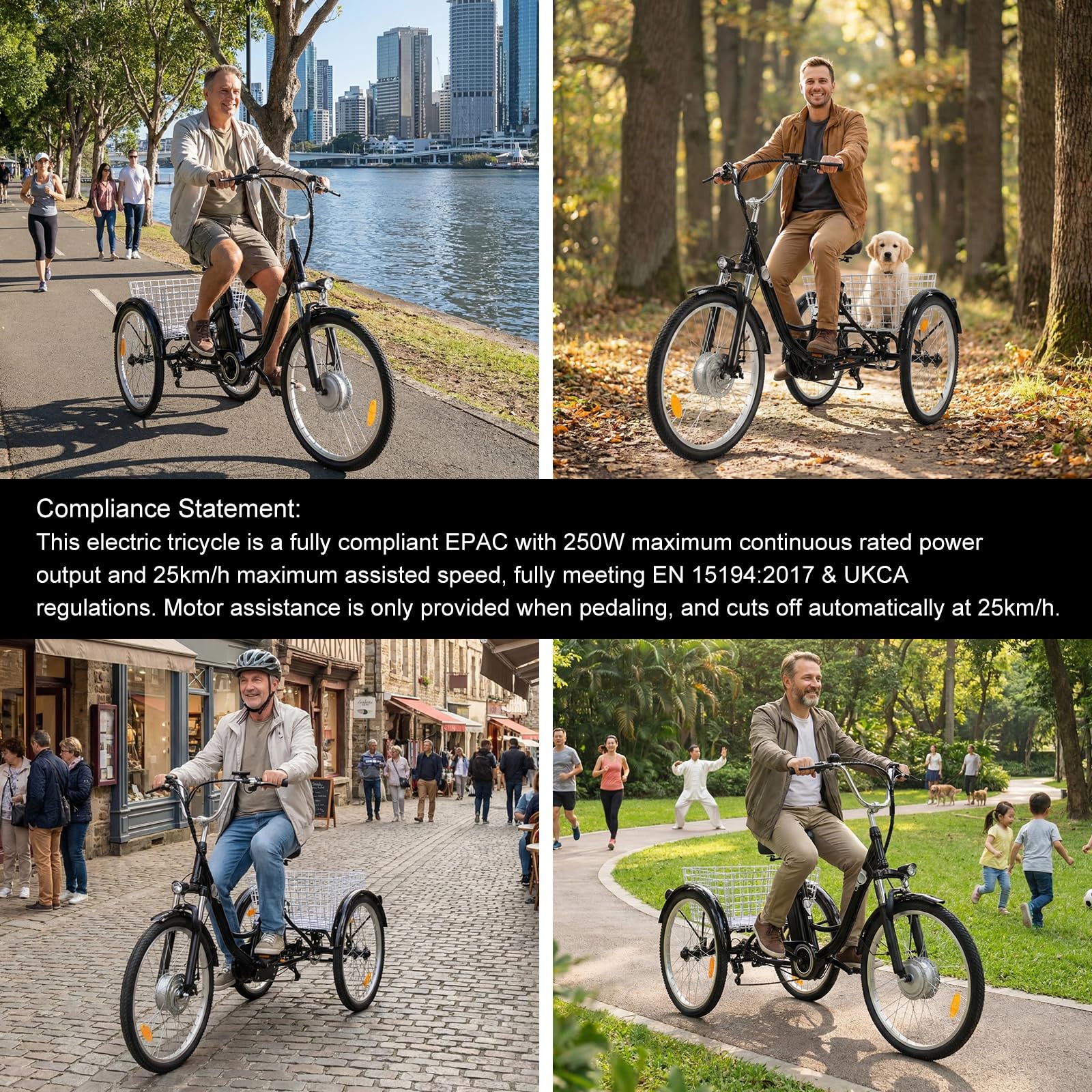 Triciclo Elettrico per Adulti e Anziani | Motore 250W Conforme EPAC EN 194 | Velocità Max di Assistenza 25 km/h | 7 Velocità, Cestino Grande, Telaio in Alluminio, Luci LED, 3 Ruote per Tutti i Terreni