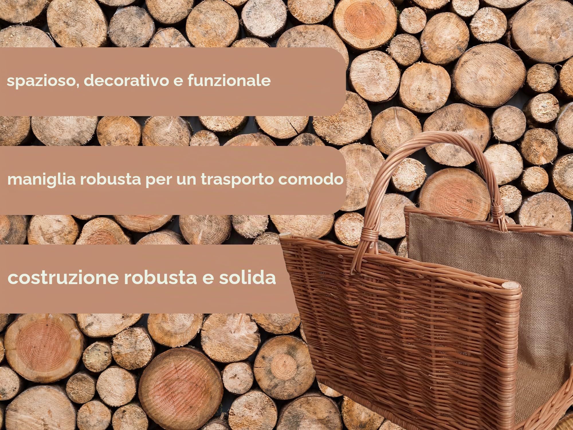 Naturale Cesto Portalegna in Vimini 47x30 cm Stabile & con Manici Borsa per Legna da Ardere Cesta per Legna Portalegna da Interno Porta Legna Per Interni