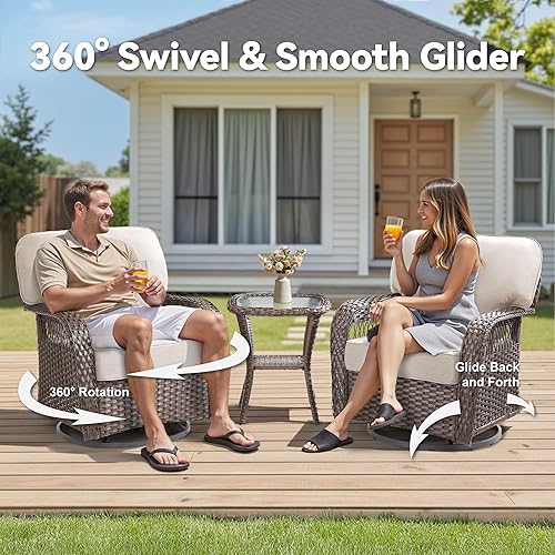 Miniatura 3 de Juego de muebles de patio de 5 piezas, sillas giratorias, sillas giratorias de mimbre para todo tipo de clima, sofá de ratán de 3 plazas con