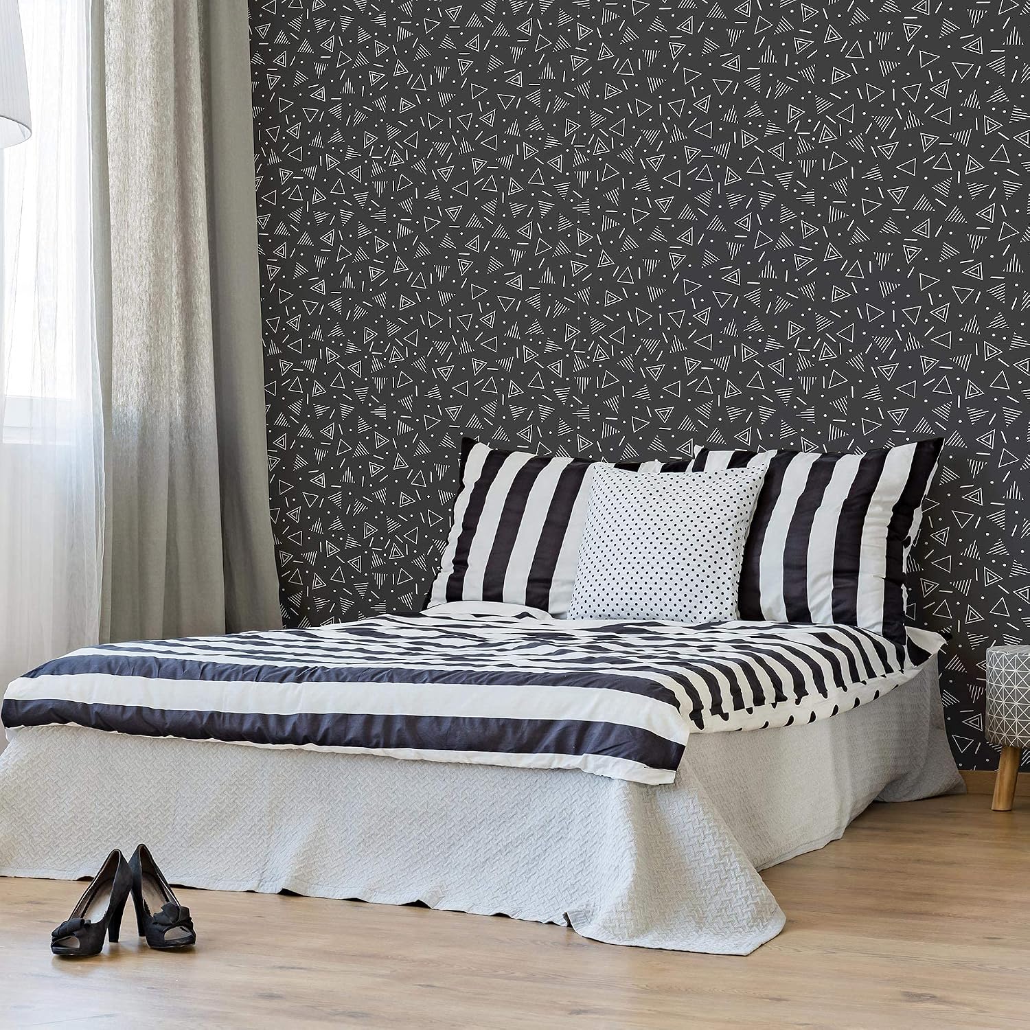 Walls By Me Peel and Stick White and Charcoal Triangles Basic Removable Wallpaper 4100-2ft x 4ft (61x122cm)